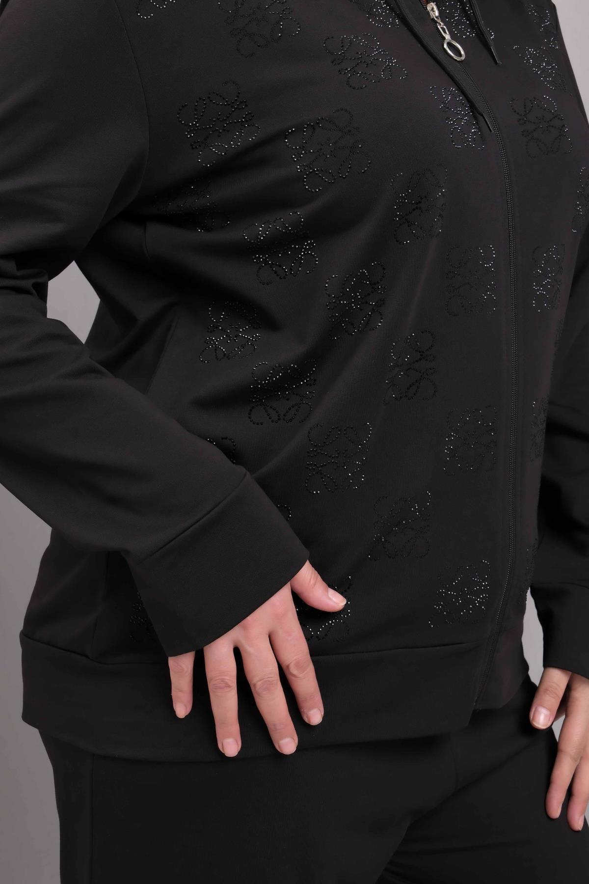 Kadın Büyük Beden Taş Baskılı Kapüşonlu Siyah Eşofman Takımı