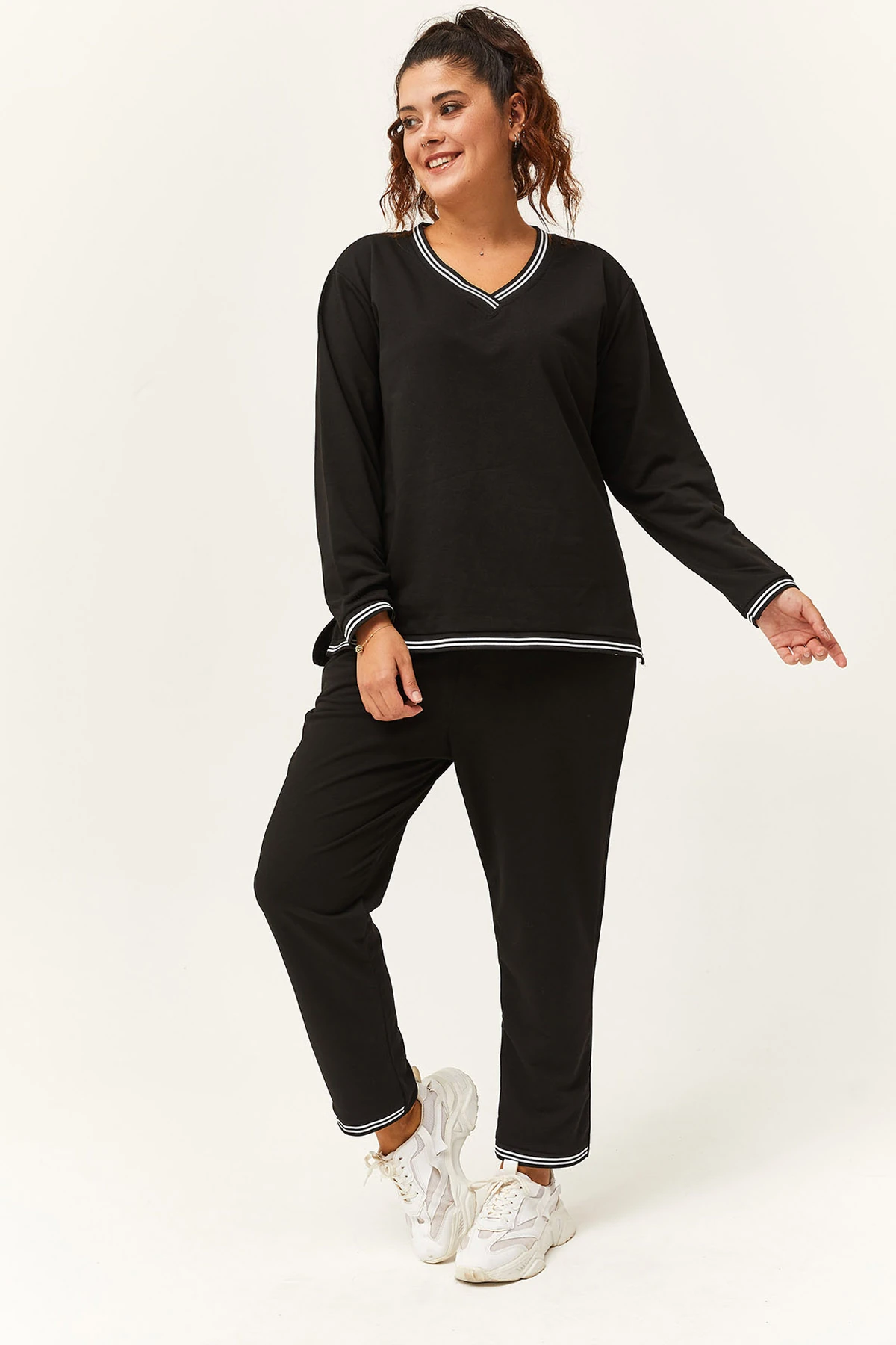 Kadın Büyük Beden Çizgili Eşofman Takımı - Siyah