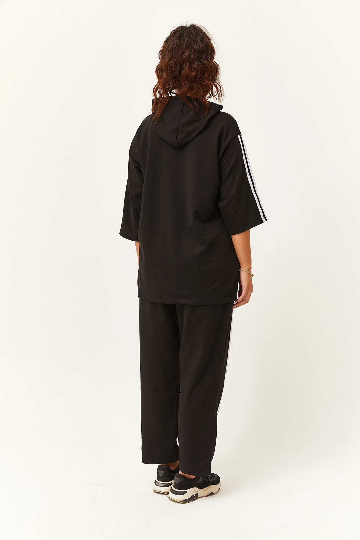 Kadın Büyük Beden Çift Çizgili Truvakar Kol Eşofman Takımı - Siyah