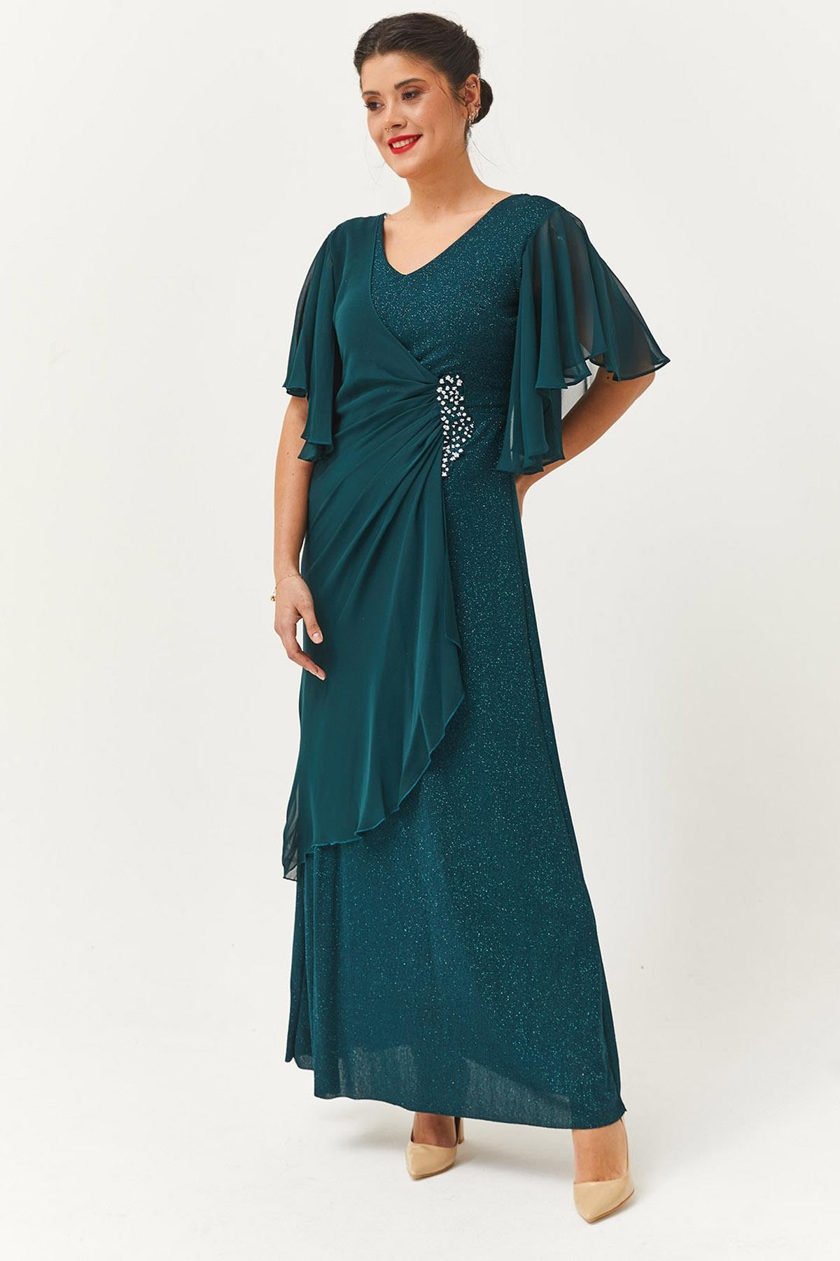 Kadın Büyük Beden Şifon Kol Taşlı Asimetrik Detaylı Uzun Abiye & Gece Elbisesi - Yeşil
