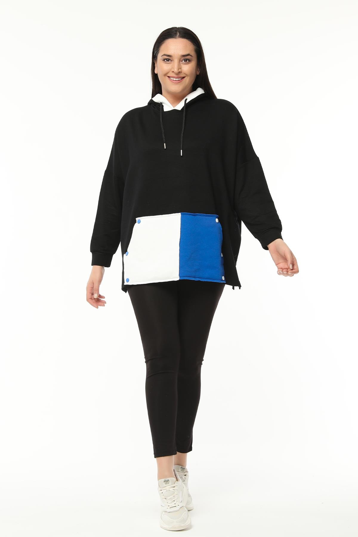 Kadın Büyük Beden Ekstra Rahat Kalıp Renkli Kanguru Cepli Sweatshirt - Siyah