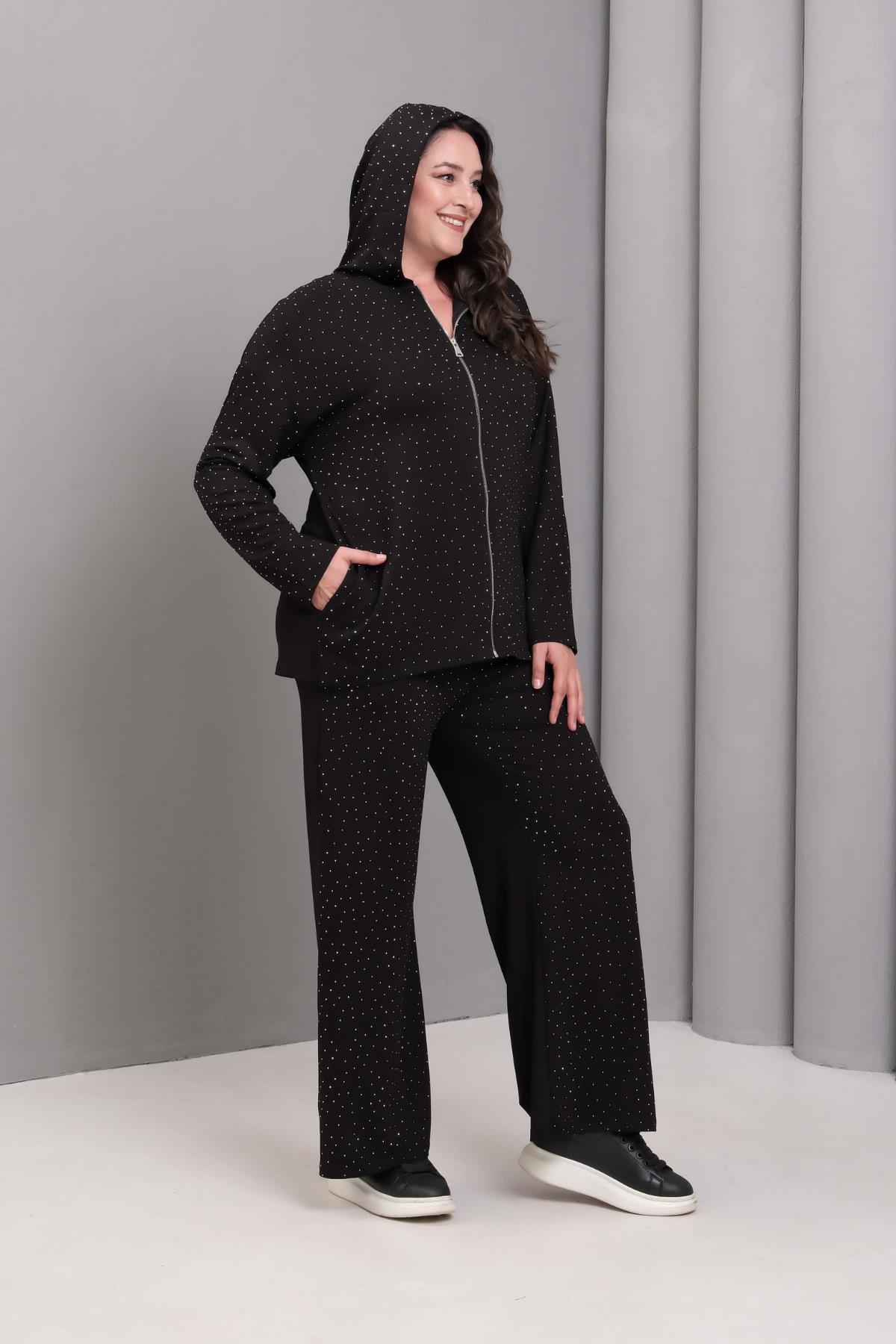 Kadın Büyük Beden Kapüşonlu Taş Baskılı Siyah Eşofman Takımı