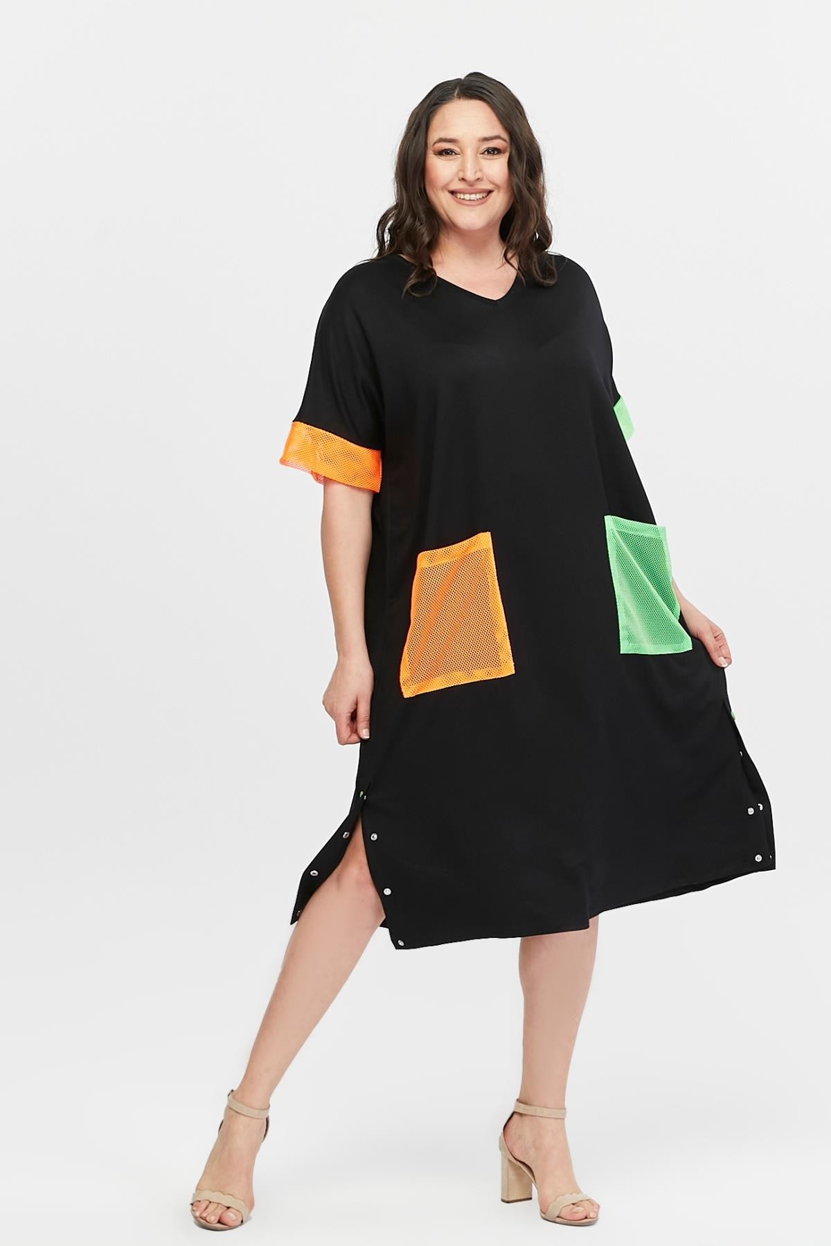 Kadın Büyük Beden Renkli File Cep Detaylı Ekstra Rahat Kalıp Elbise