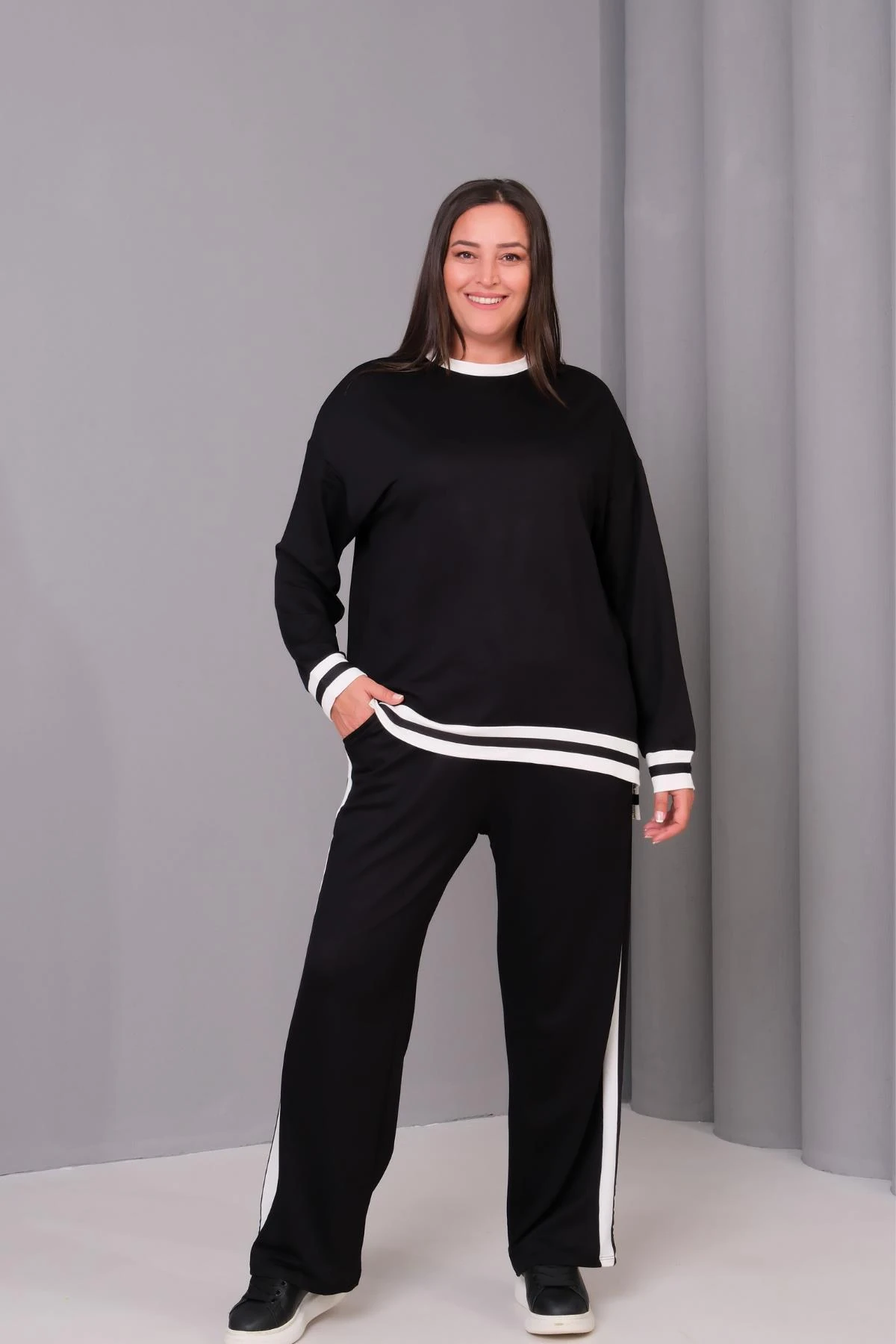 Kadın Büyük Beden Premium Çigili Siyah Eşofman Takımı - Siyah