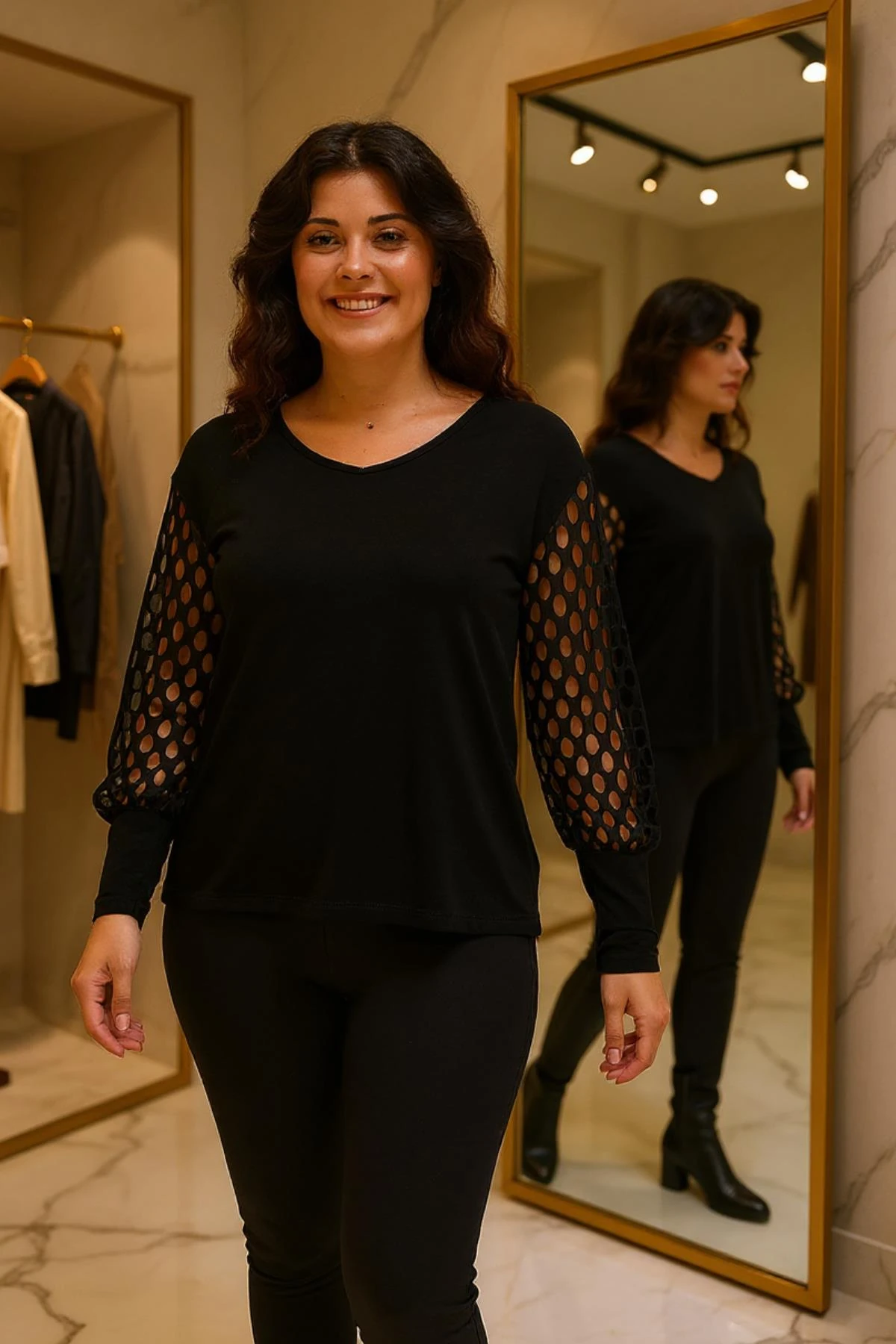 Kadın Büyük Beden Transparan File Kol Detaylı Bluz - Siyah