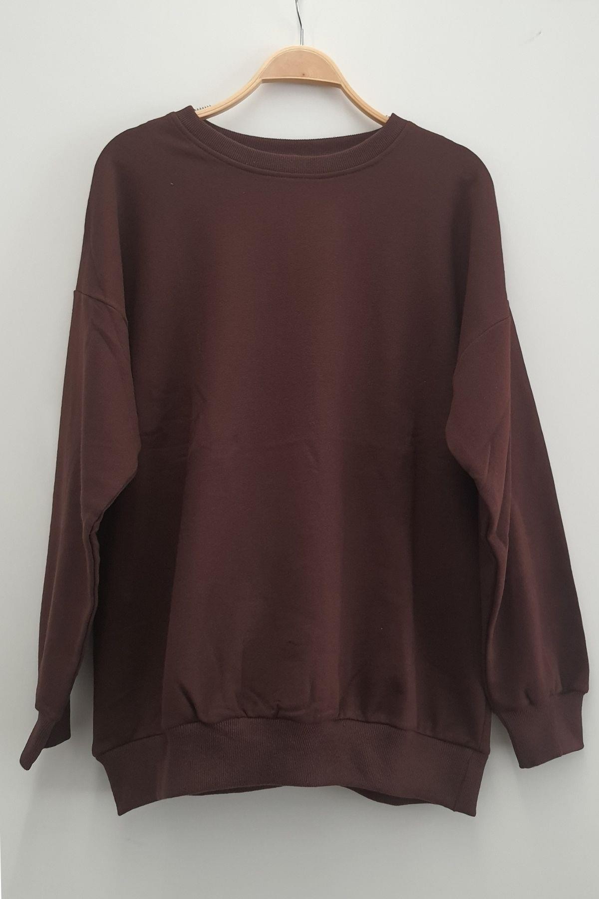 Kadın Büyük Beden Basıc Şardonlu Sweatshirt - Kahverengi