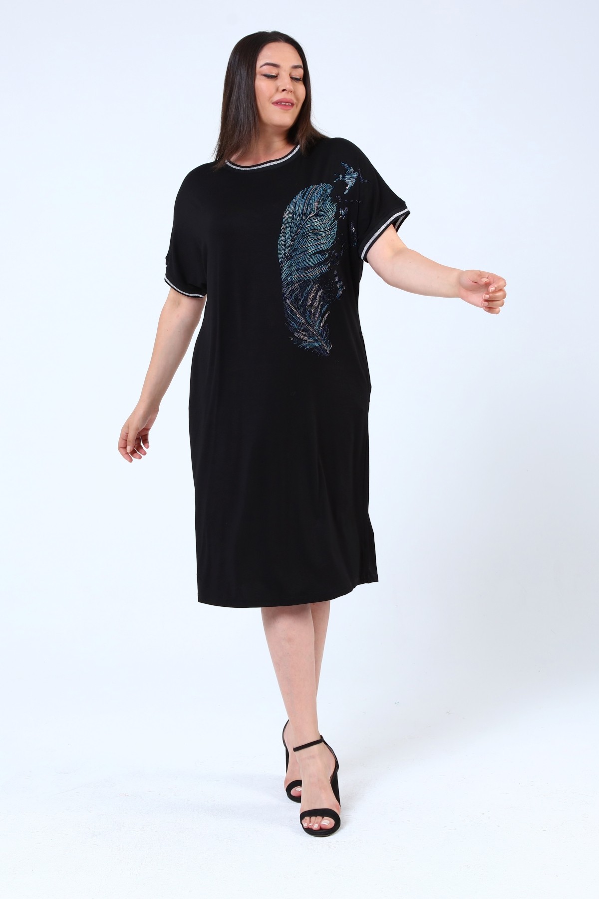 Kadın Büyük Beden Taş Yaprak Desenli Elbise - Siyah