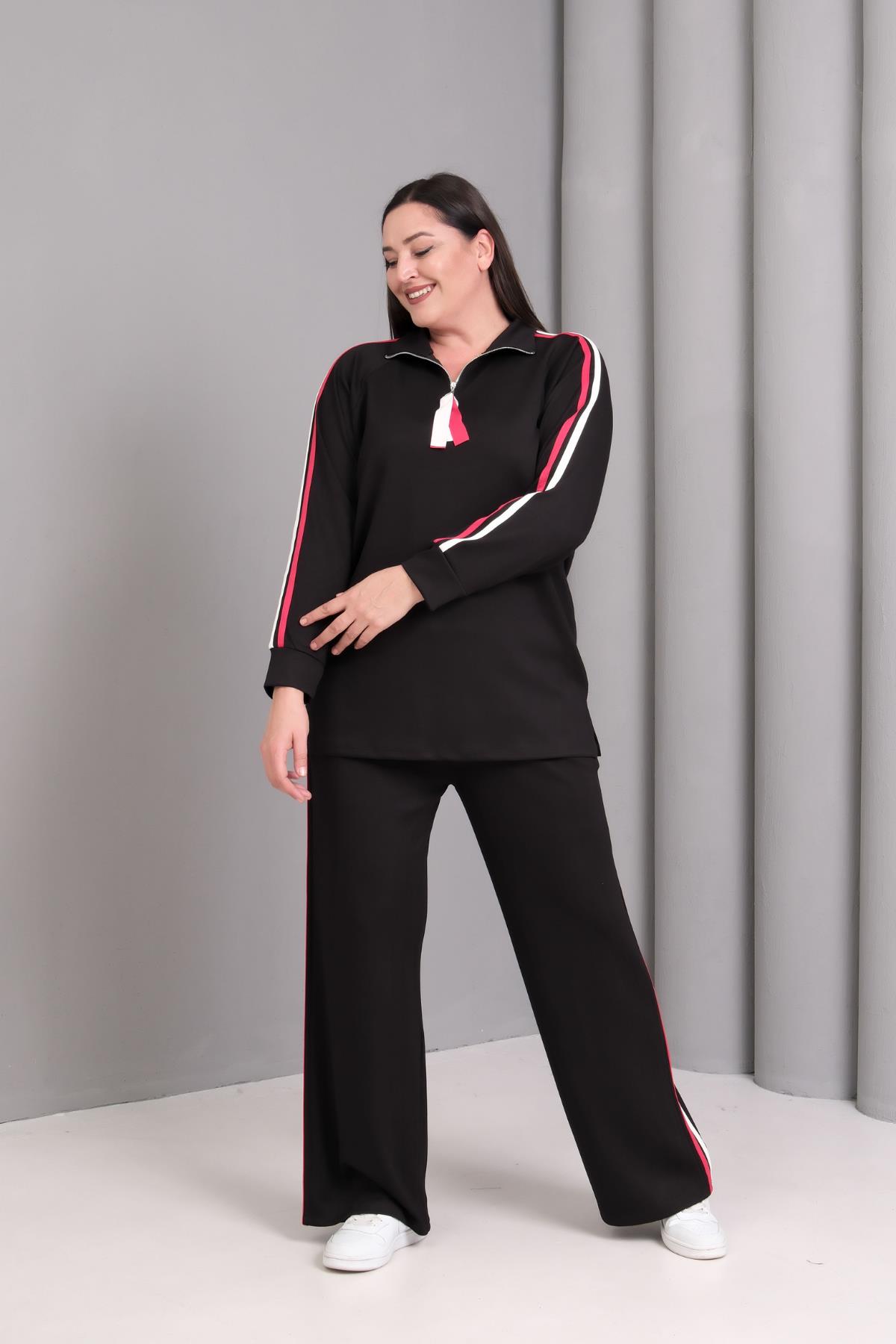 Kadın Büyük Beden Kırmızı Şerit Detay Sho Kumaş Siyah Eşofman Takımı