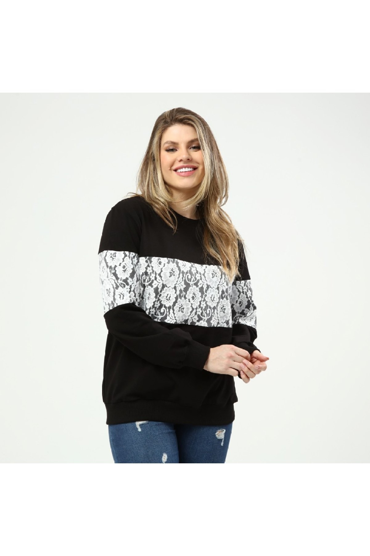 Kadın Büyük Beden Dantel Garnili Sweatshirt
