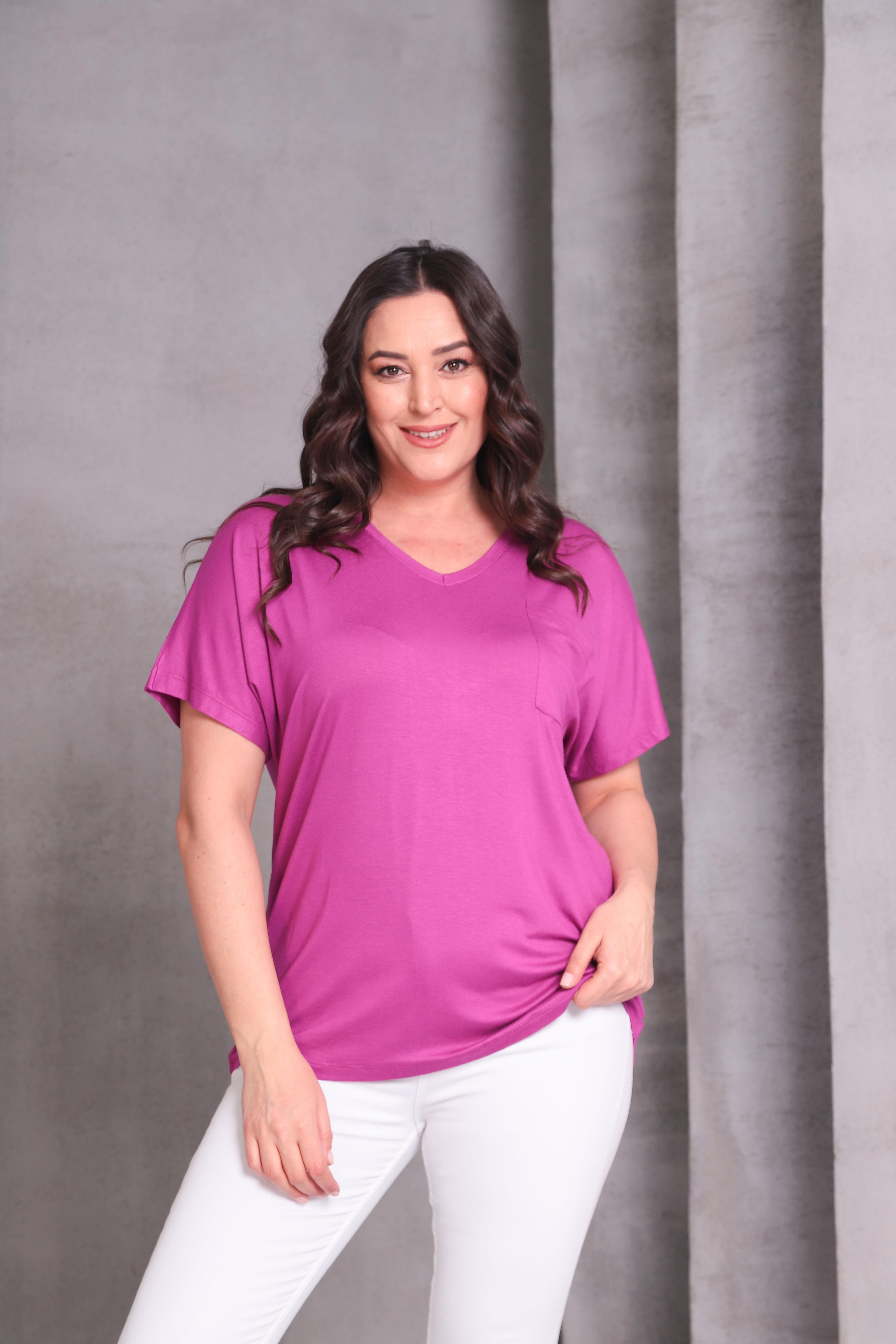 Kadın Büyük Beden Tek Cep Detay Basic Tişört - Pembe