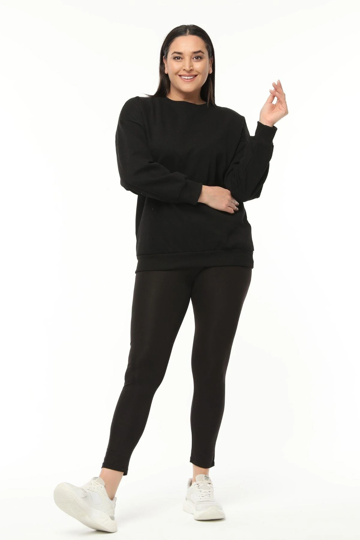 Kadın Büyük Beden Basıc Şardonlu Sweatshirt - Siyah