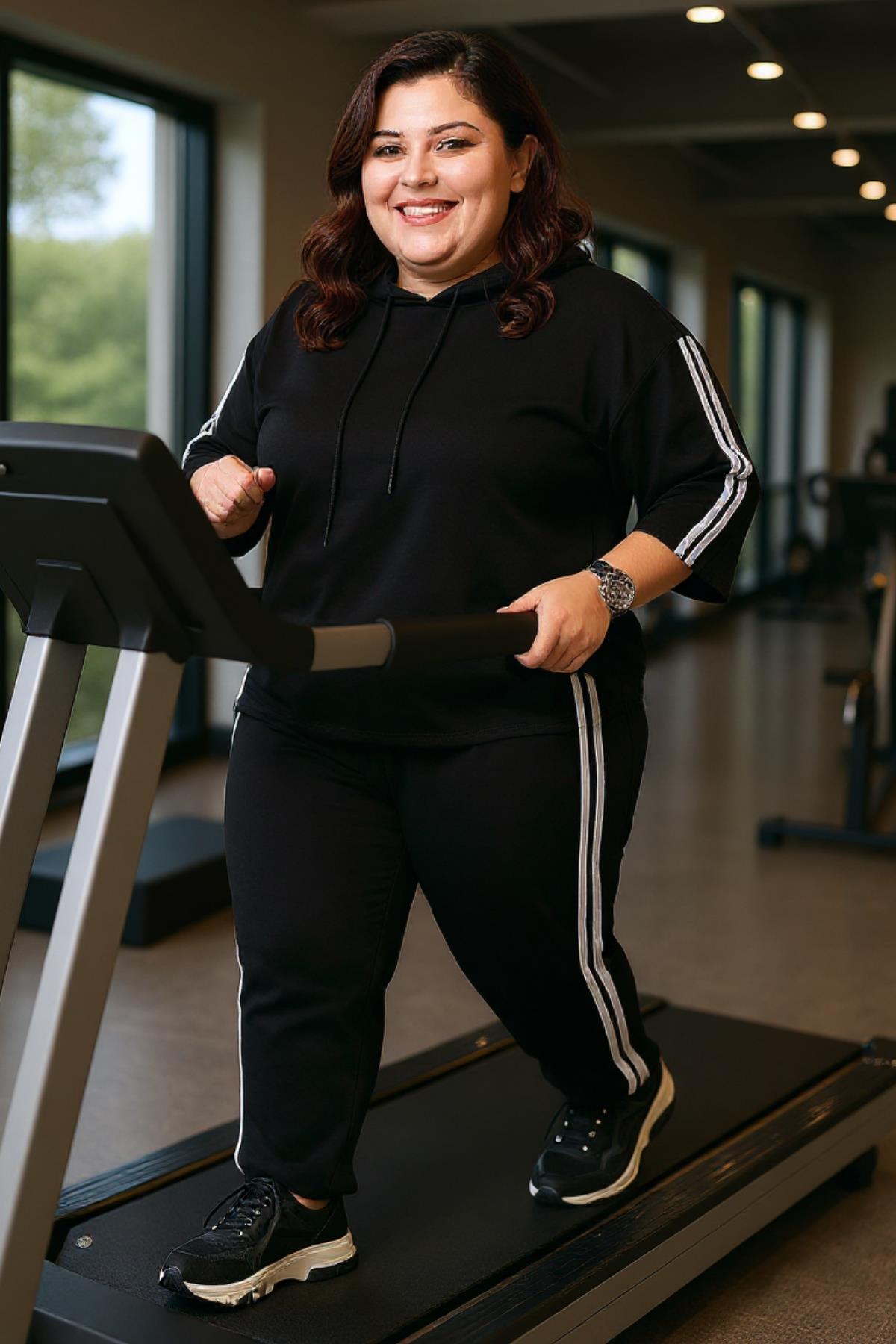 Kadın Büyük Beden Çift Çizgili Truvakar Kol Eşofman Takımı