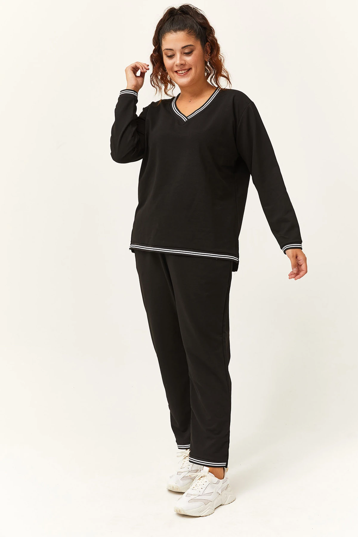 Kadın Büyük Beden Çizgili Eşofman Takımı - Siyah