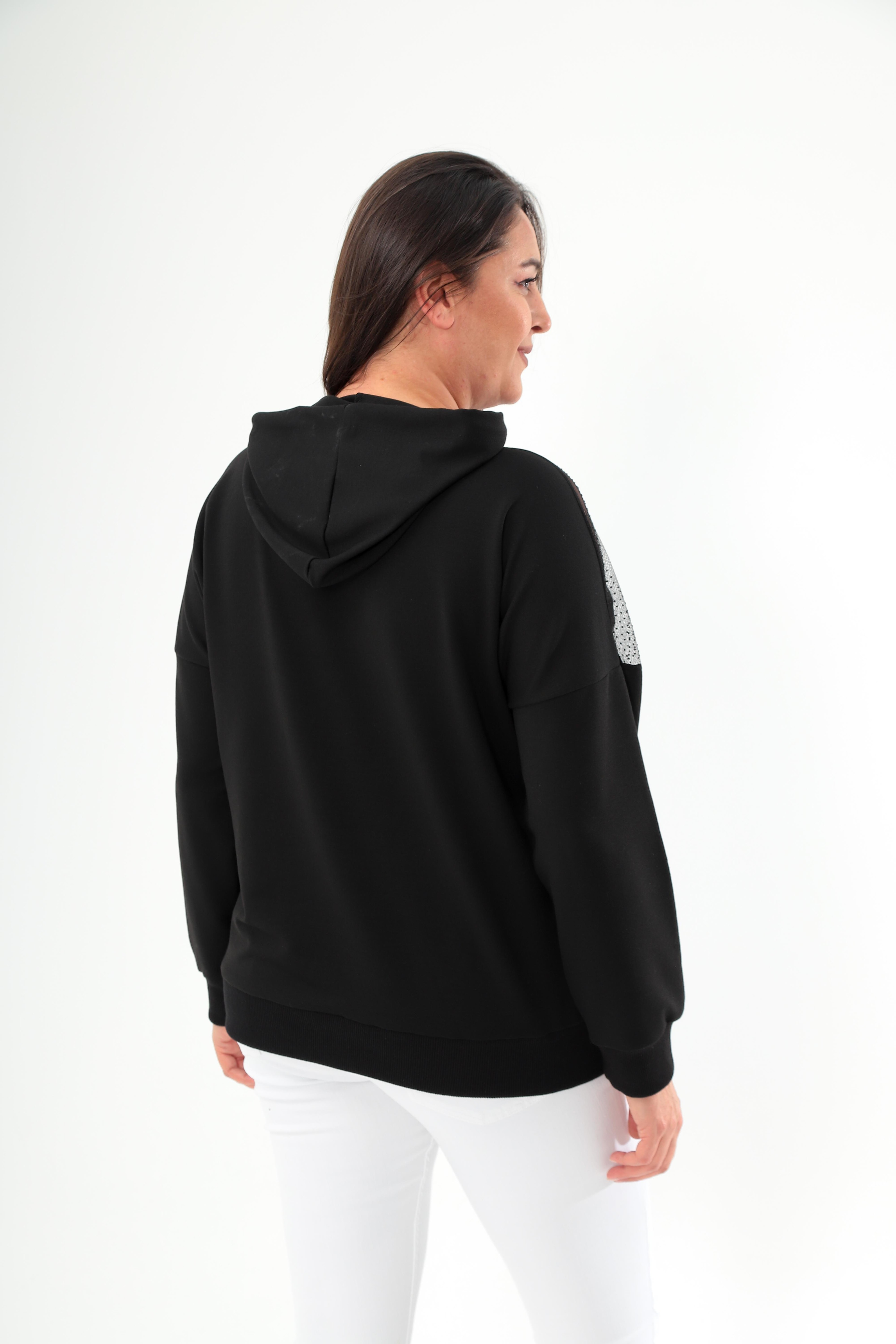 Kadın.Büyük Beden Siyah Kapüşonlu Taş ve Tül Detaylı Kadın Sweatshirt