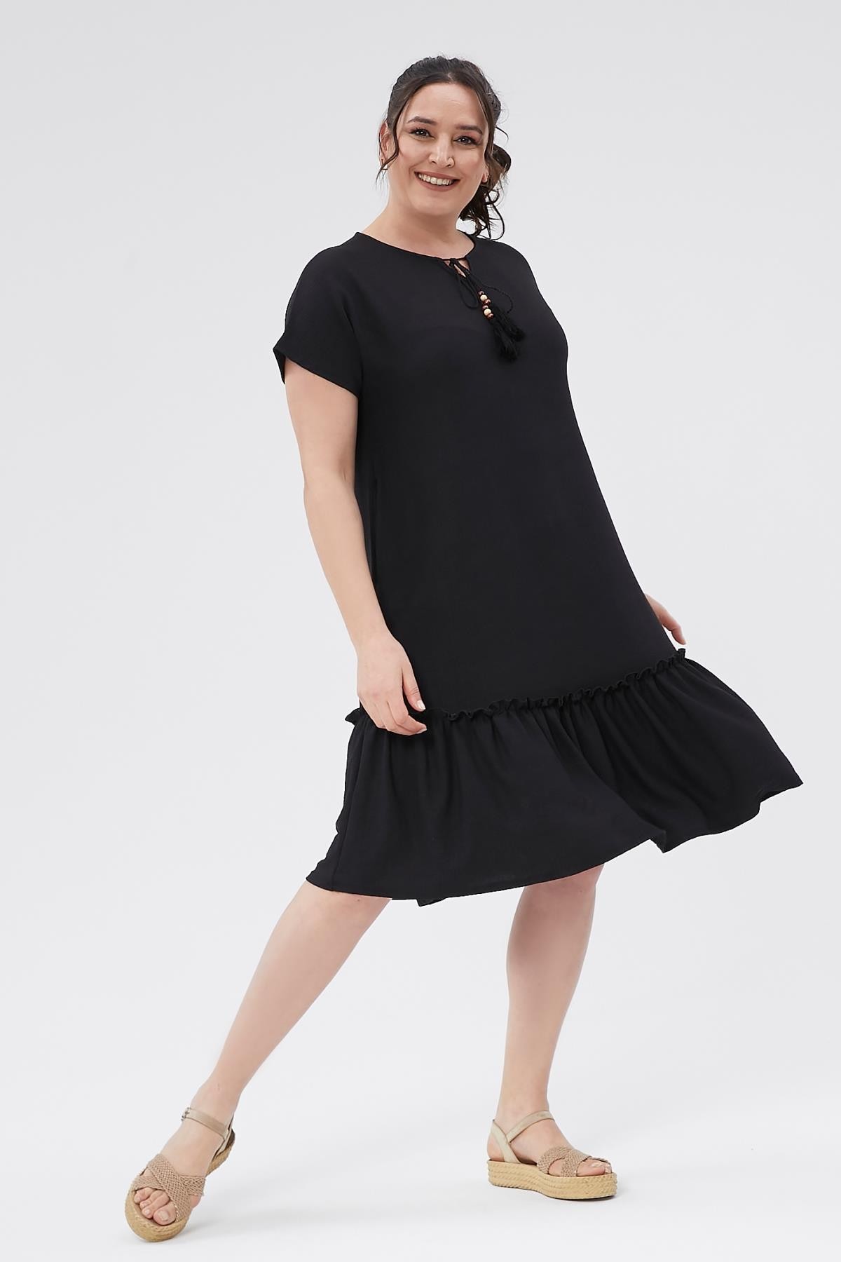 Kadın Büyük Beden Eteği Pileli Düğme Detay Elbise - Siyah