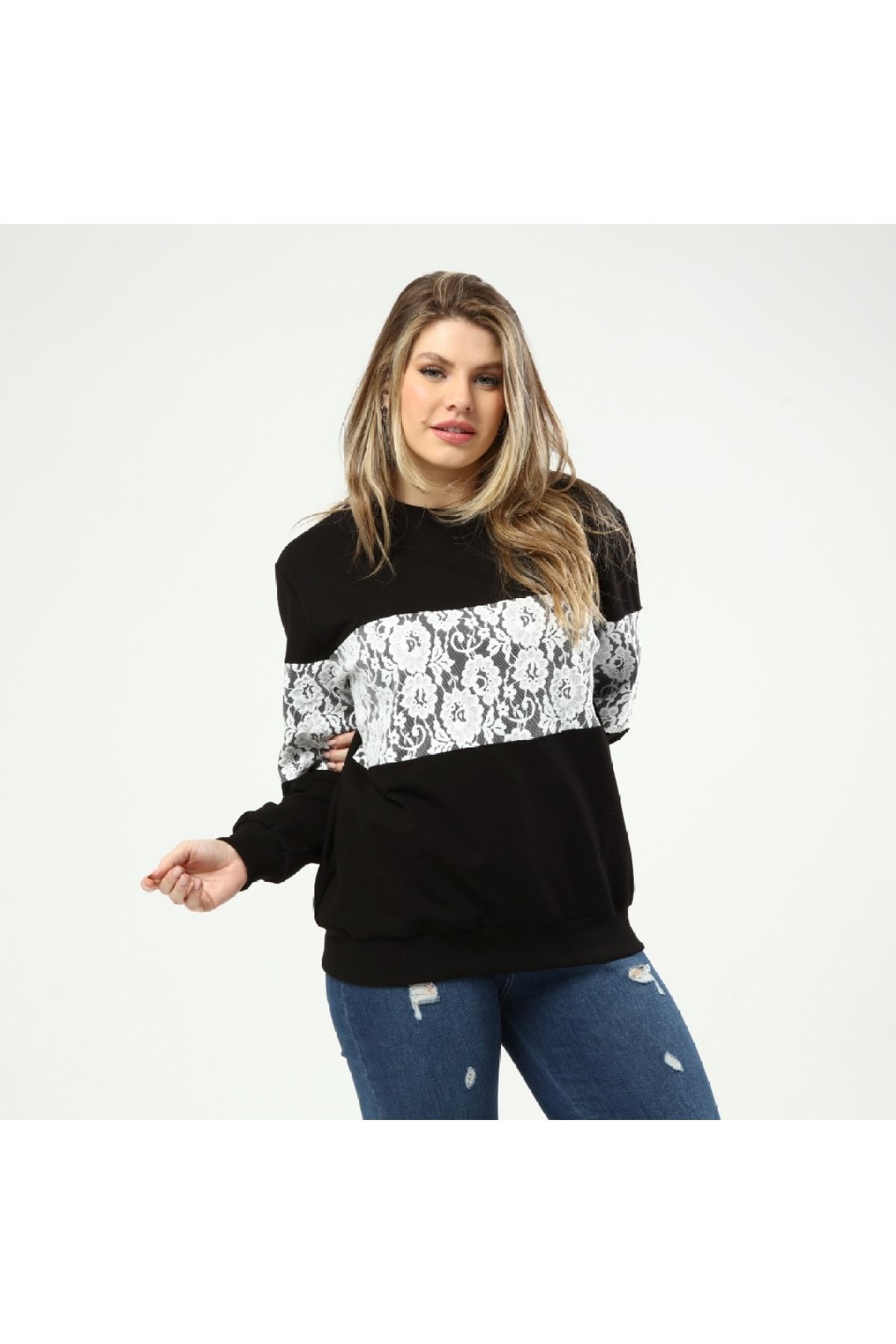 Kadın Büyük Beden Dantel Garnili Sweatshirt