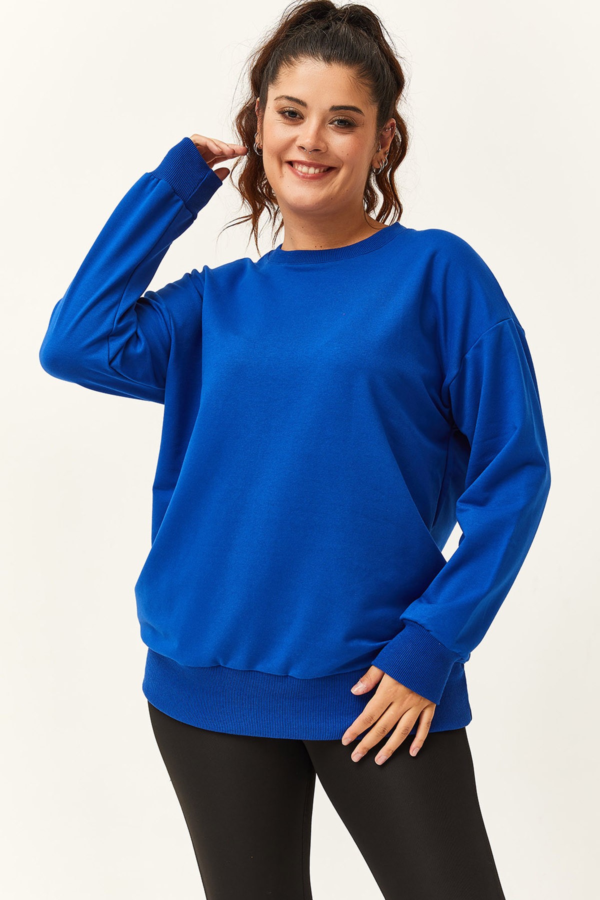 Kadın Büyük Beden Basic Sweatshirt - Mavi
