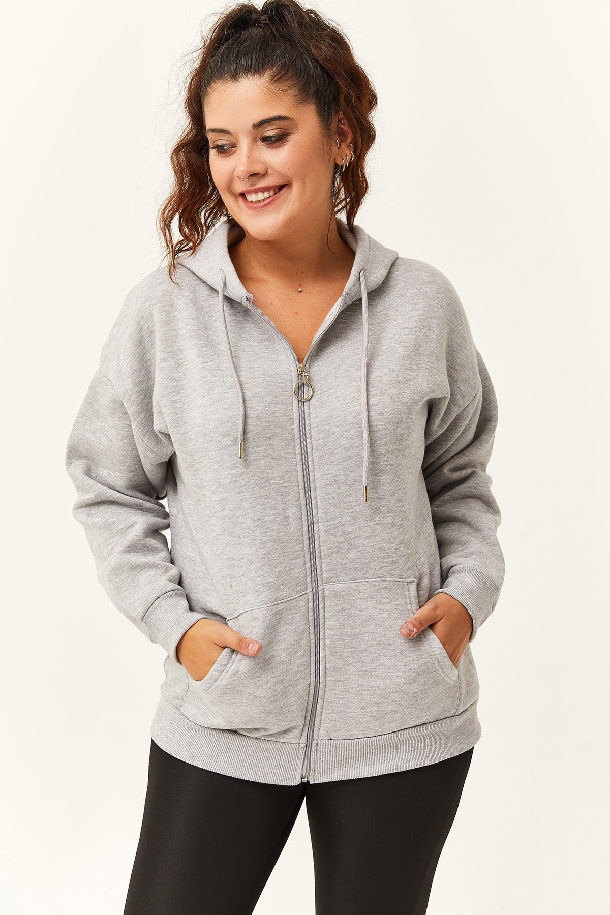 Kadın Büyük Beden Şardonlu Fermuarlı Kalın Sweatshirt - Gri