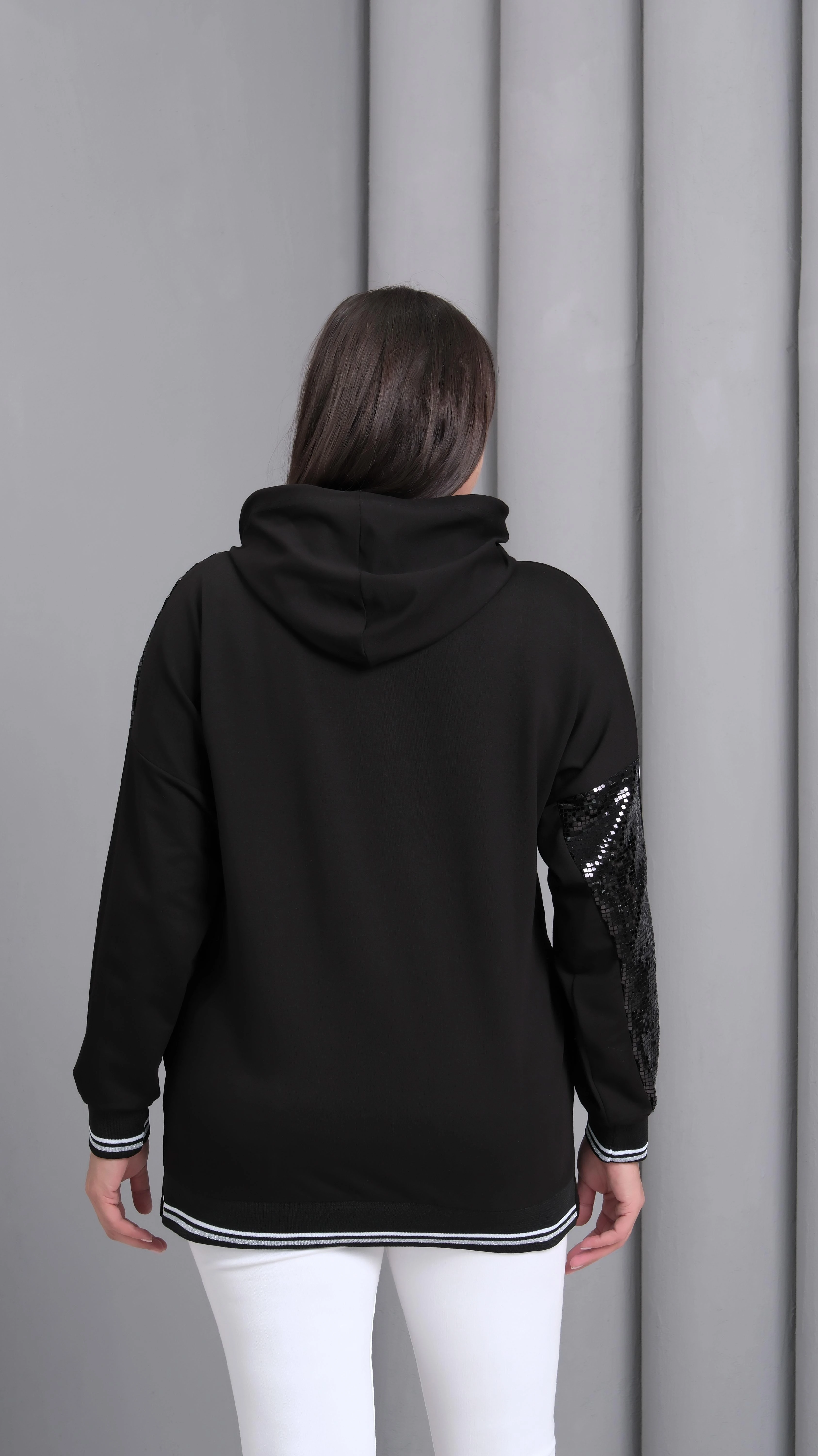 Kadın Büyük Beden Street Baskılı Fermuarlı Siyah Sweatshirt - Siyah