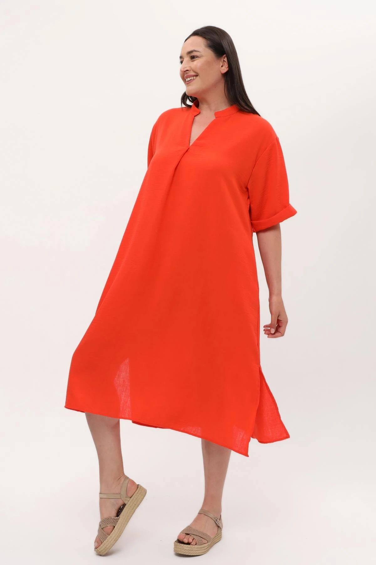 Kadın Büyük Beden Yırtmaçlı Keten Elbise