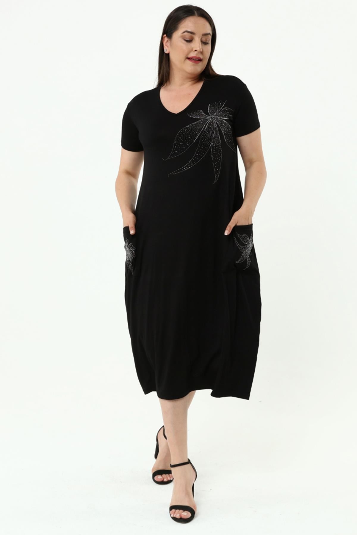 Kadın Büyük Beden Çiçek Taş Baskılı Uzun Elbise - Siyah