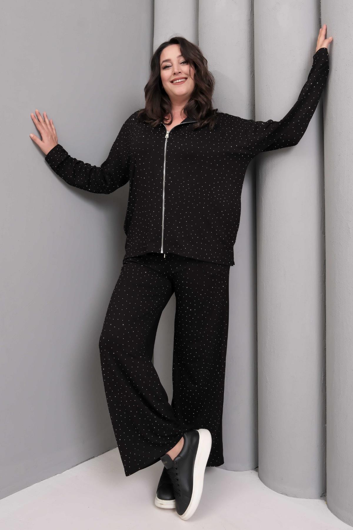 Kadın Büyük Beden Kapüşonlu Taş Baskılı Siyah Eşofman Takımı - Siyah