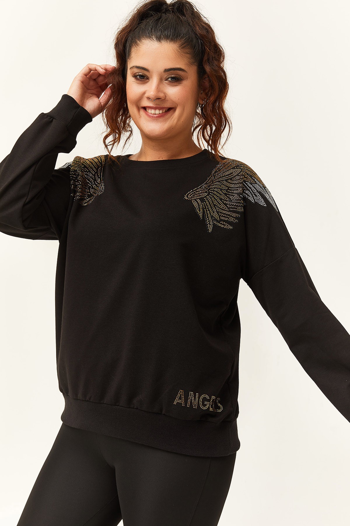 Kadın Büyük Beden Angels Taş Baskılı Sweatshirt - Siyah