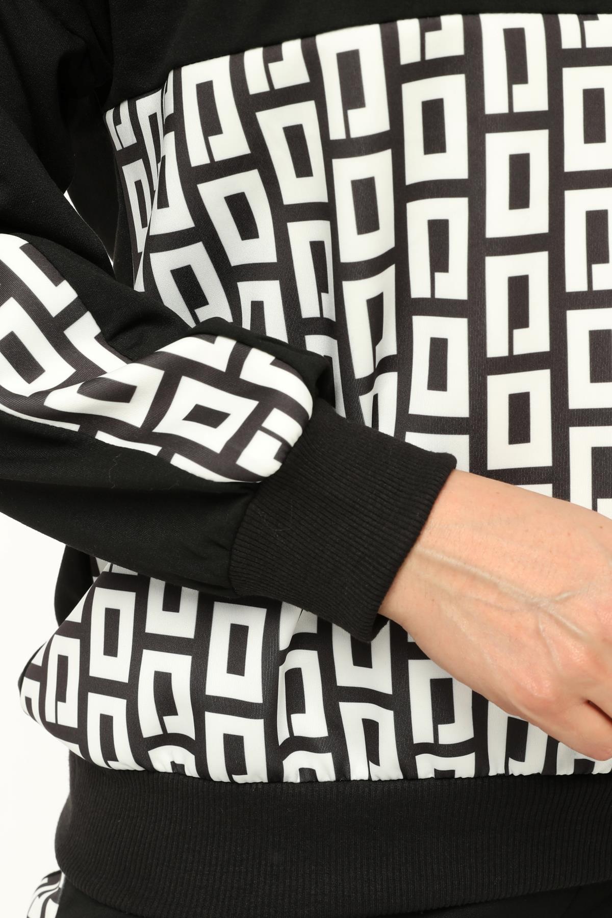 Kadın Büyük Beden Geometrik Baskılı Yarım Balıkçı Fermuarlı Eşofman Takımı - Siyah