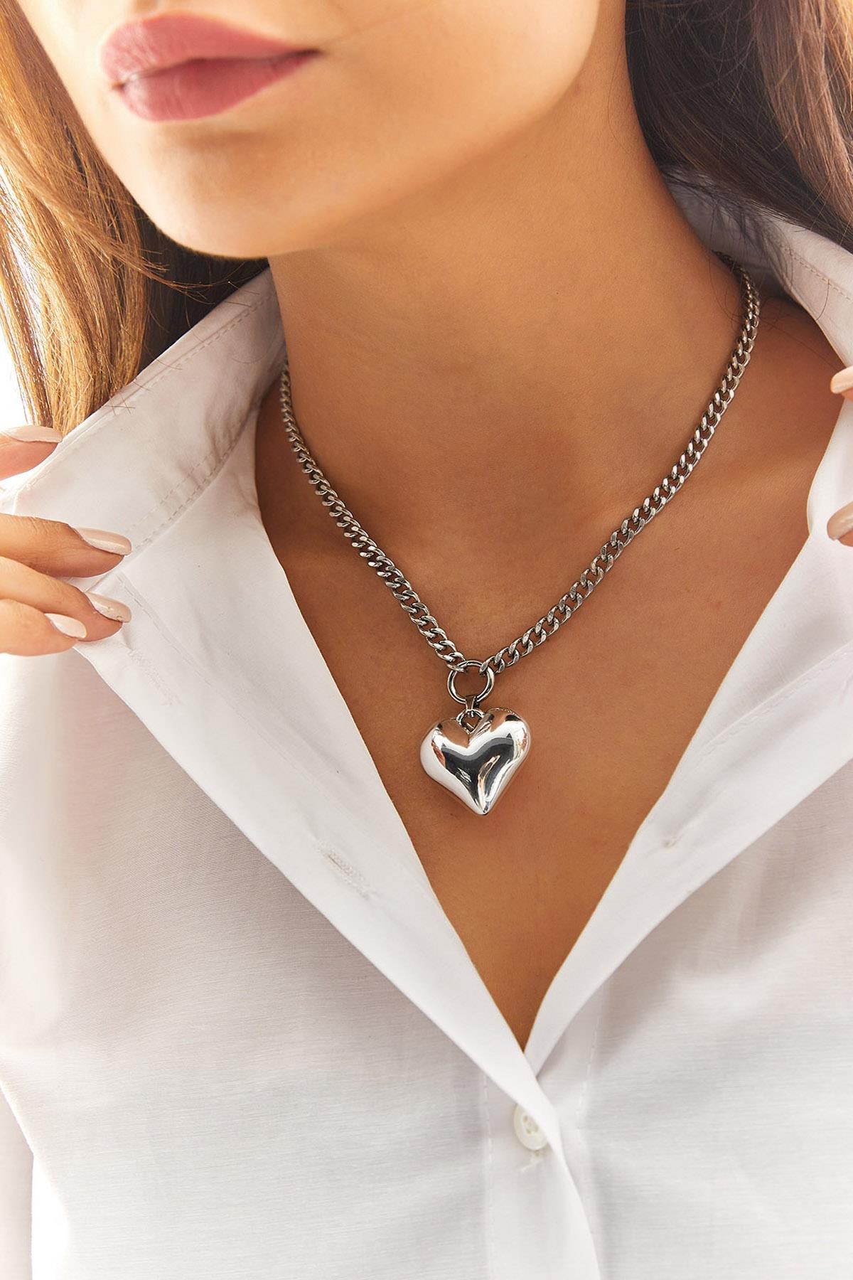 Kadın Çelik Halka Ve Kalp Detaylı Zincir Kolye - Gümüş