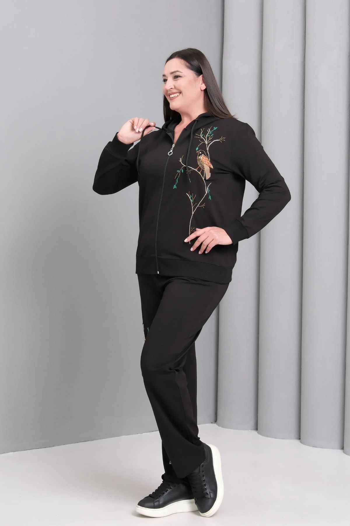 Kadın Büyük Beden Fermuarlı Siyah Eşofman Takımı - Siyah