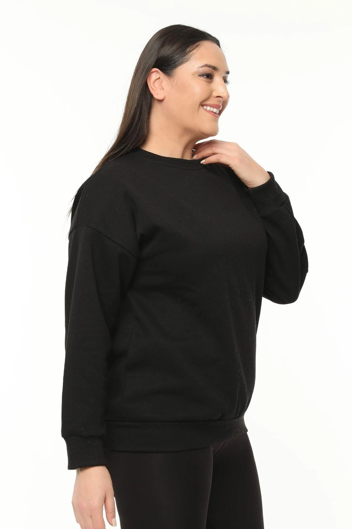 Kadın Büyük Beden Basıc Şardonlu Sweatshirt - Siyah