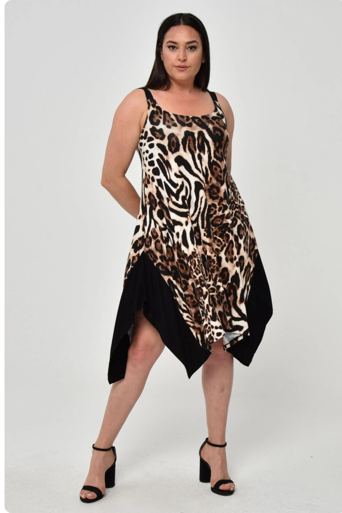 Kadın Büyük Beden Asimetrik Kesim Leopar Desenli Elbise - Siyah-Kahve