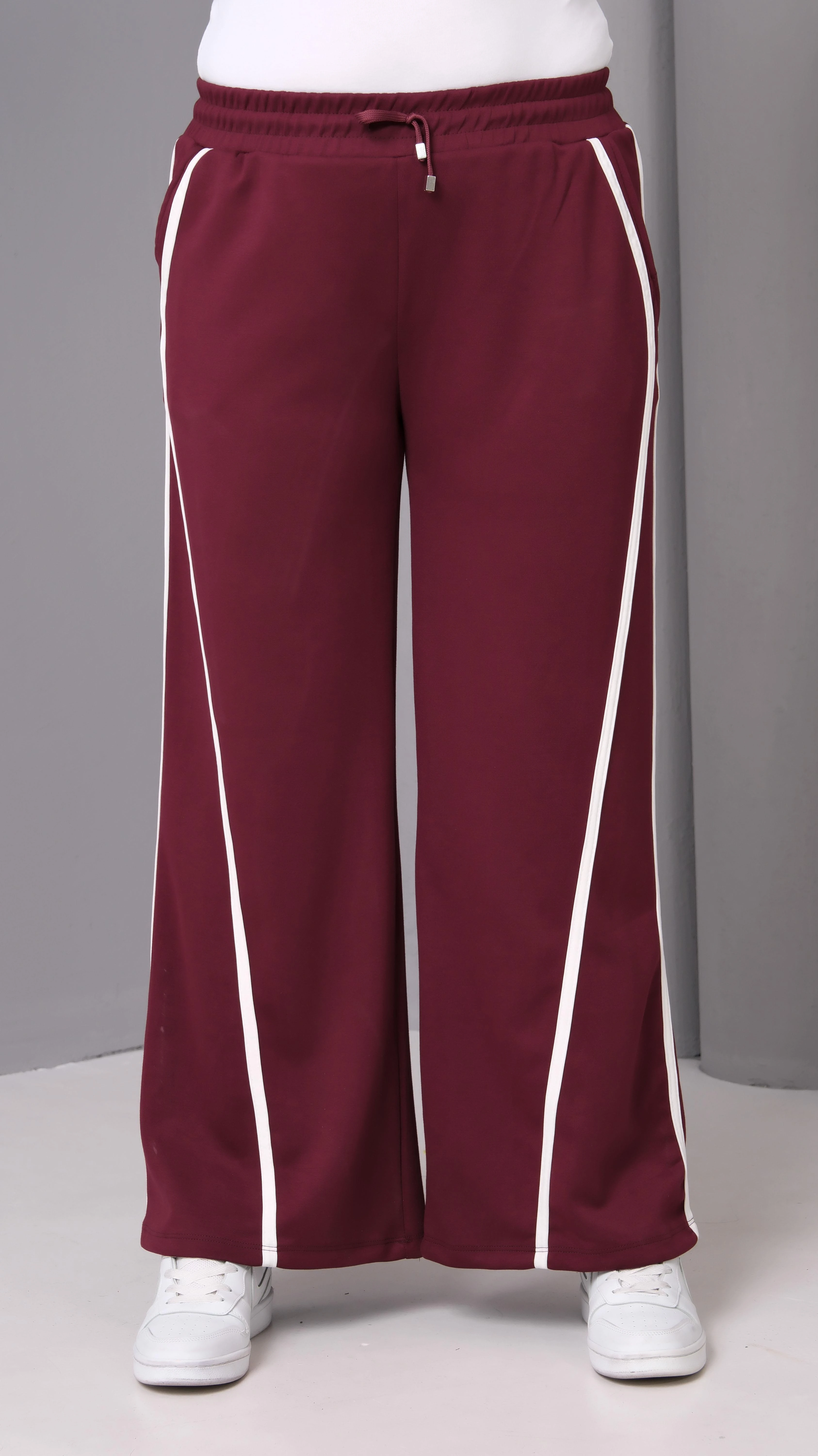 Kadın Büyük Beden Ekstra Rahat Kalıp Çizgili Eşofman Altı - Bordo