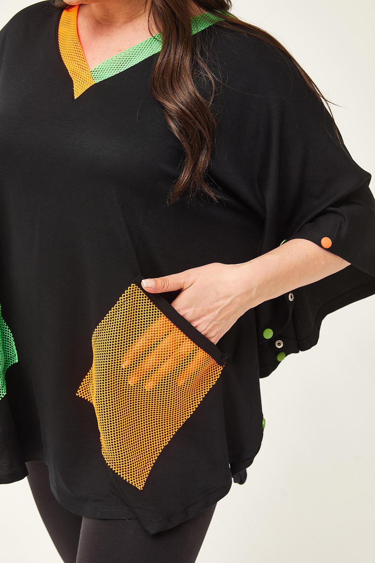 Kadın Büyük Beden Ekstra Rahat Kalıp Renkli File Cep Detay Bluz