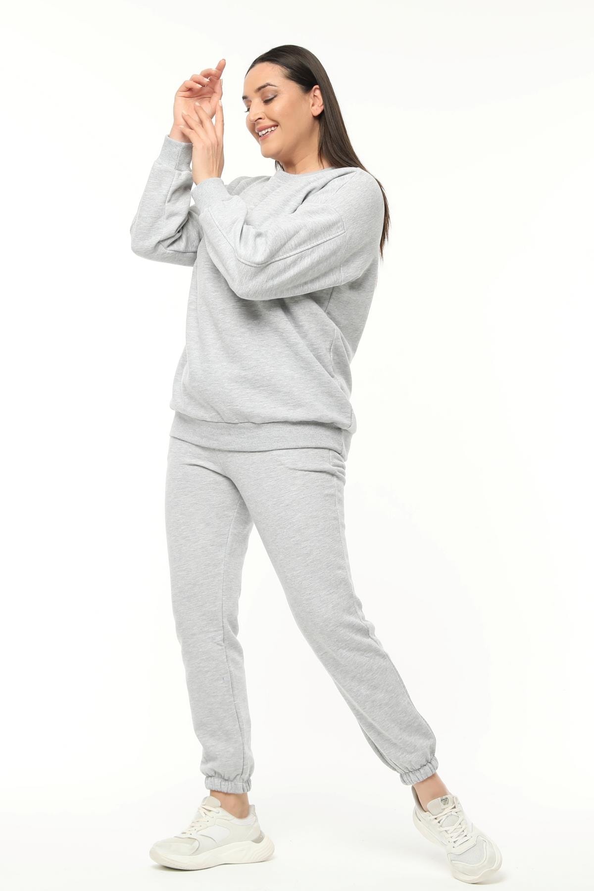 Kadın Büyük Beden Basıc Şardonlu Sweatshirt - Gri