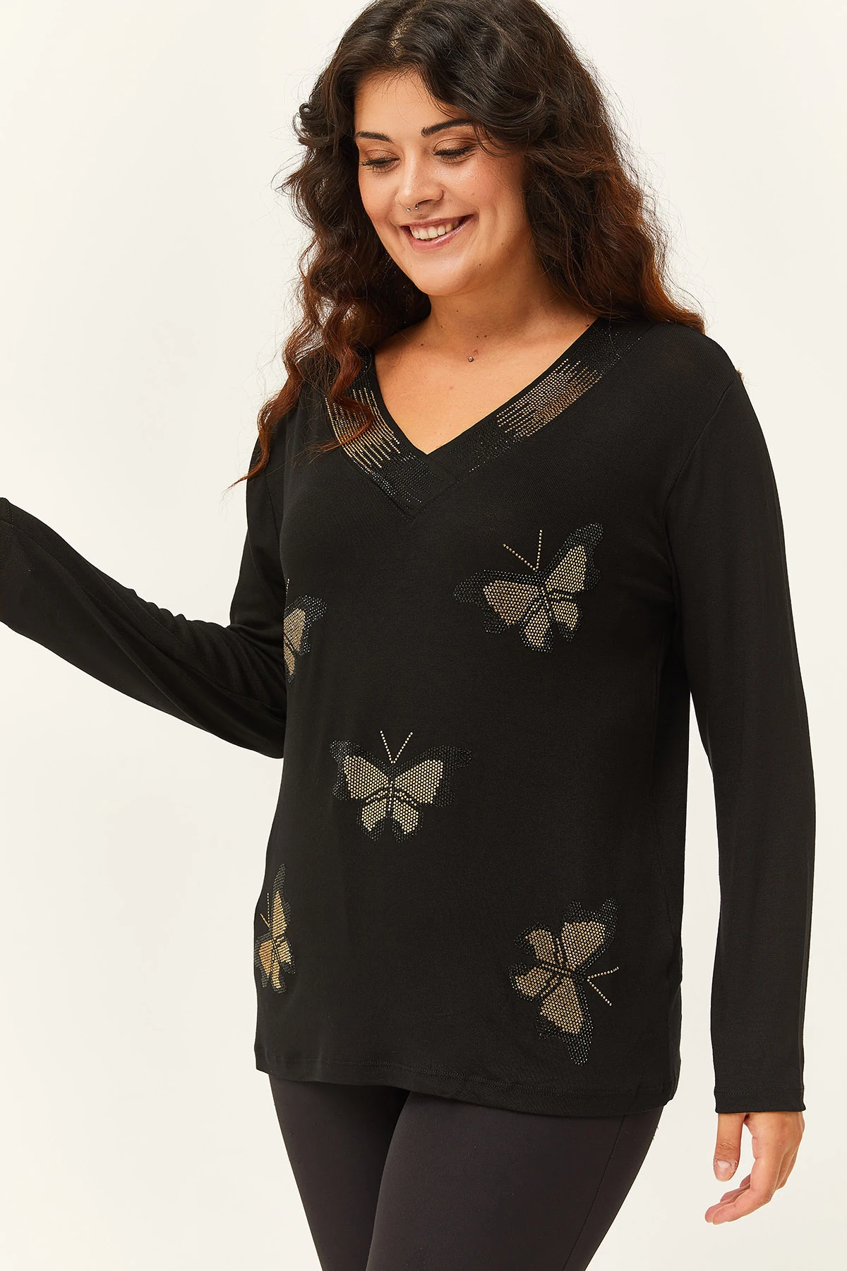Kadın Büyük Beden Kelebek Gold Taş Baskılı Bluz - Siyah