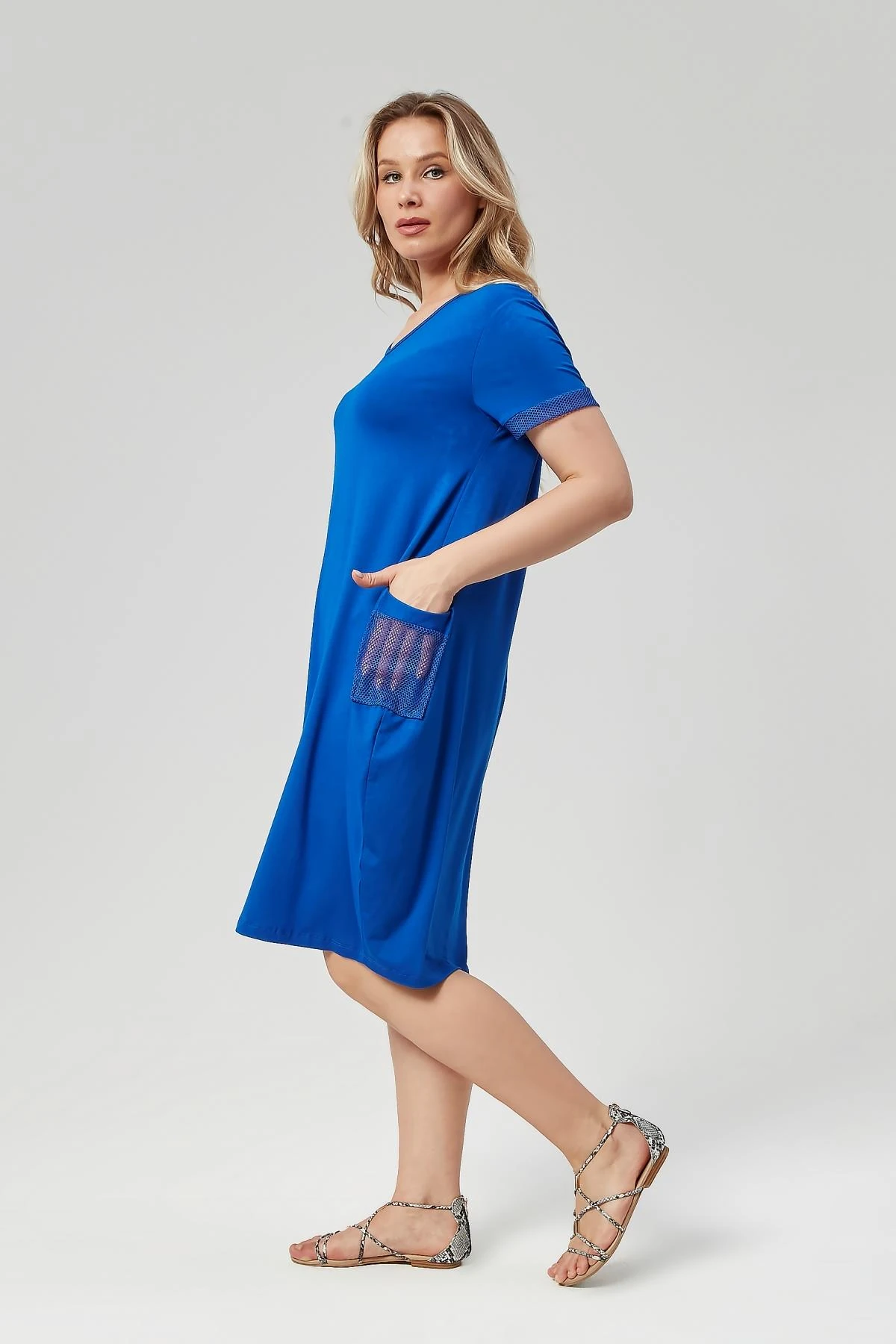 Kadın Büyük Beden Cep ve Kol File Detaylı Elbise - Mavi