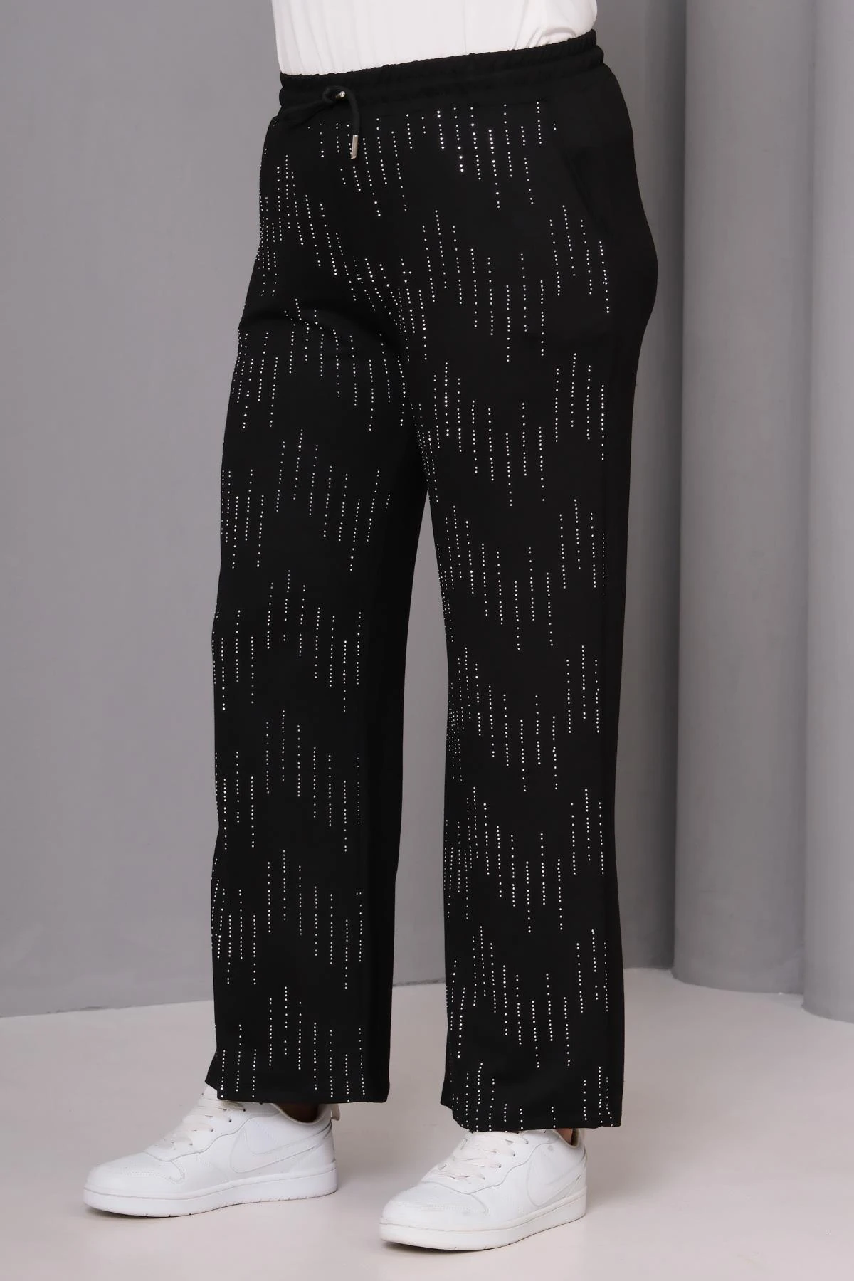 Kadın Büyük Beden Premium Taş Baskılı Siyah Alt Eşofman - Siyah