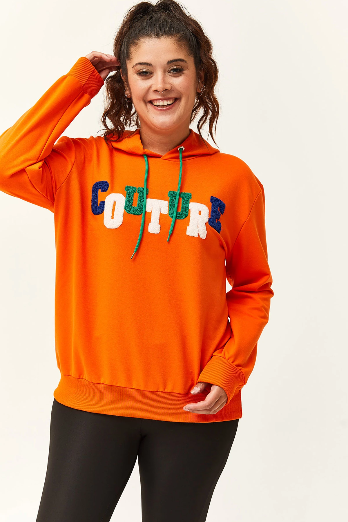 Kadın Büyük Beden Couture Yazılı Sweatshirt - Turuncu