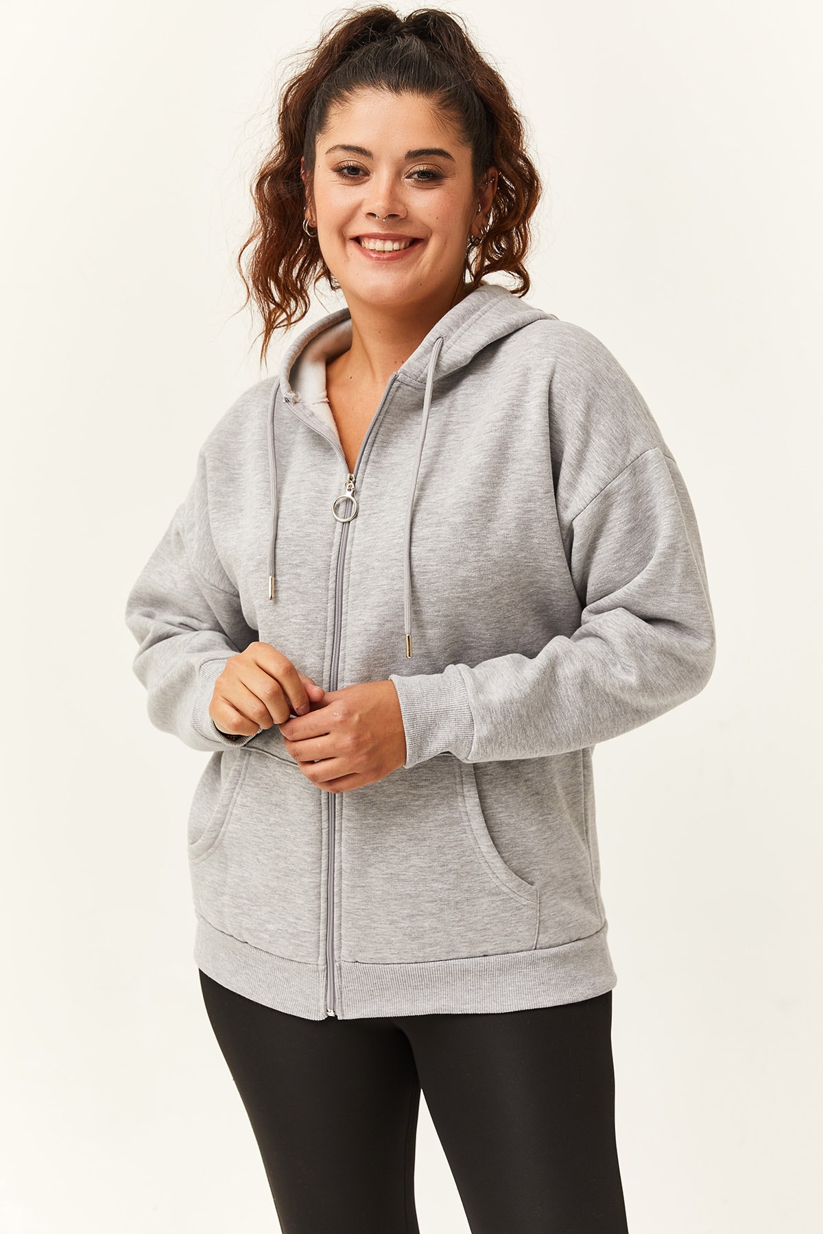 Kadın Büyük Beden Şardonlu Fermuarlı Kalın Sweatshirt - Gri