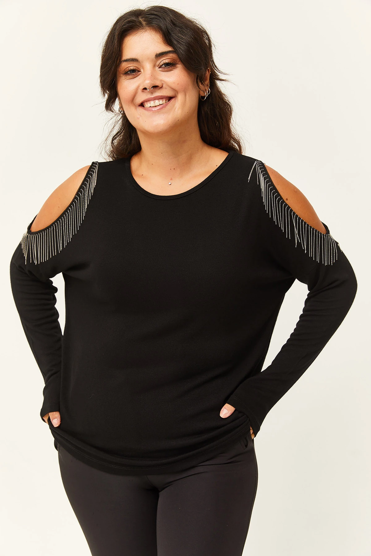 Kadın Büyük Beden Omuz Dekolte Ve Püskül Detaylı Bluz