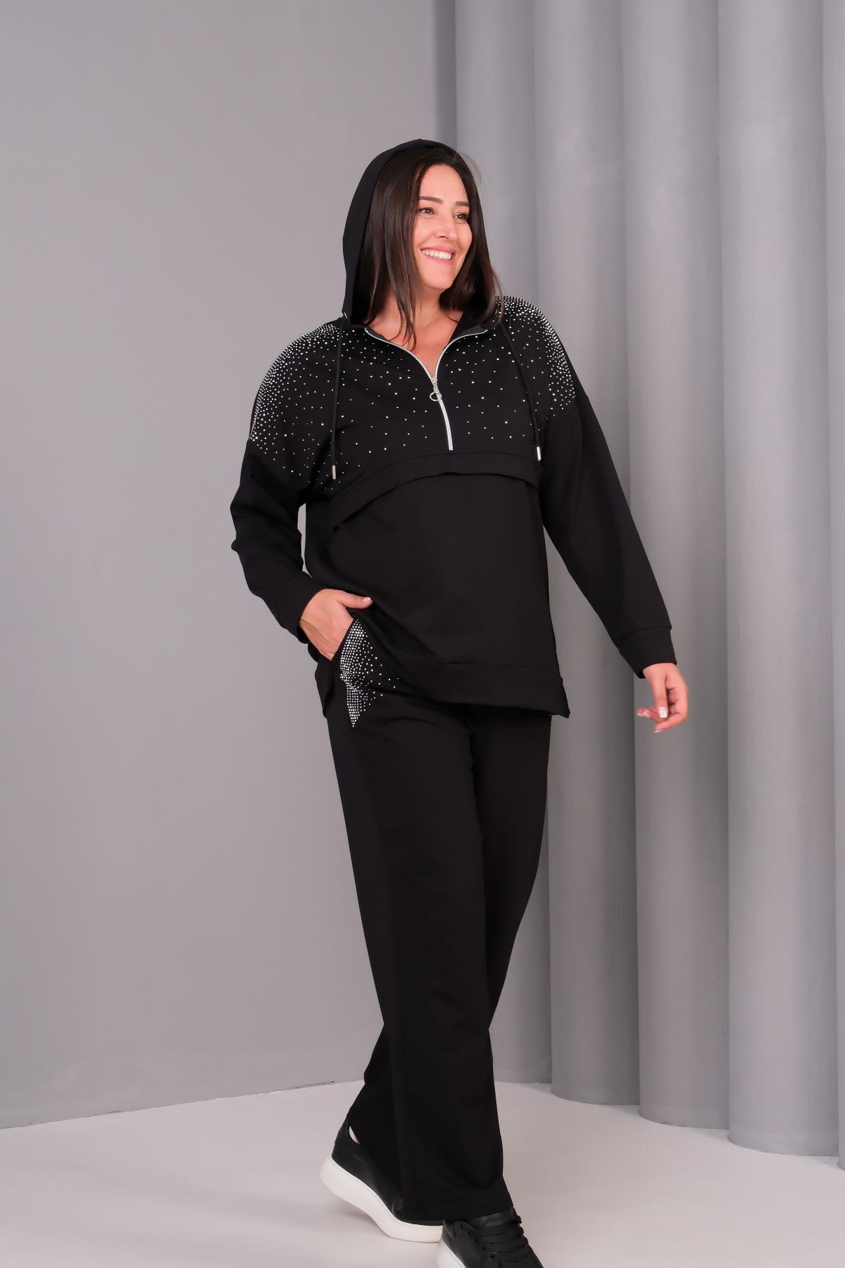 Kadın Büyük BedenTaş Baskı Detaylı Kapüşonlu Şık Eşofman Takımı - Siyah