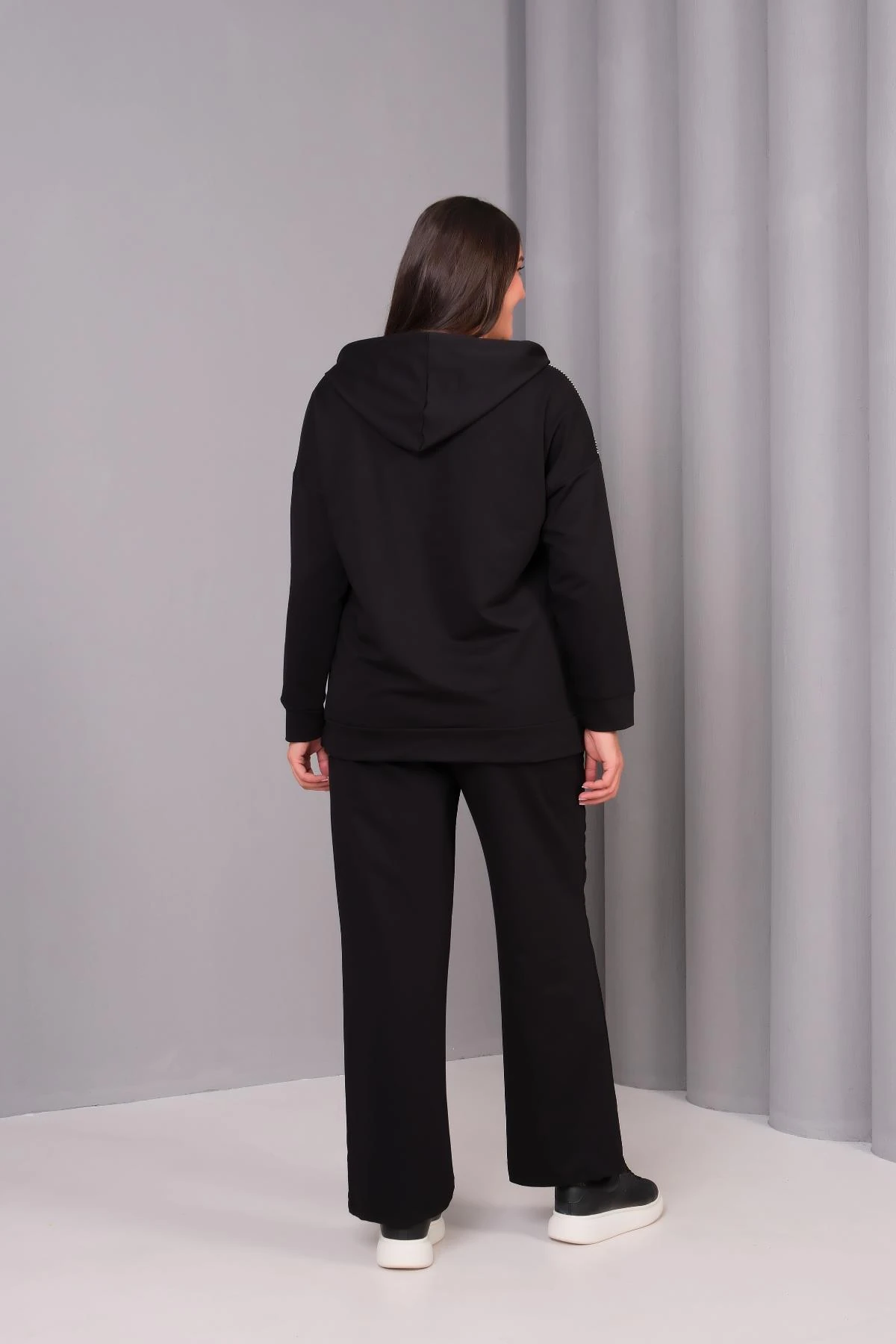 Kadın Büyük BedenTaş Baskı Detaylı Kapüşonlu Şık Eşofman Takımı