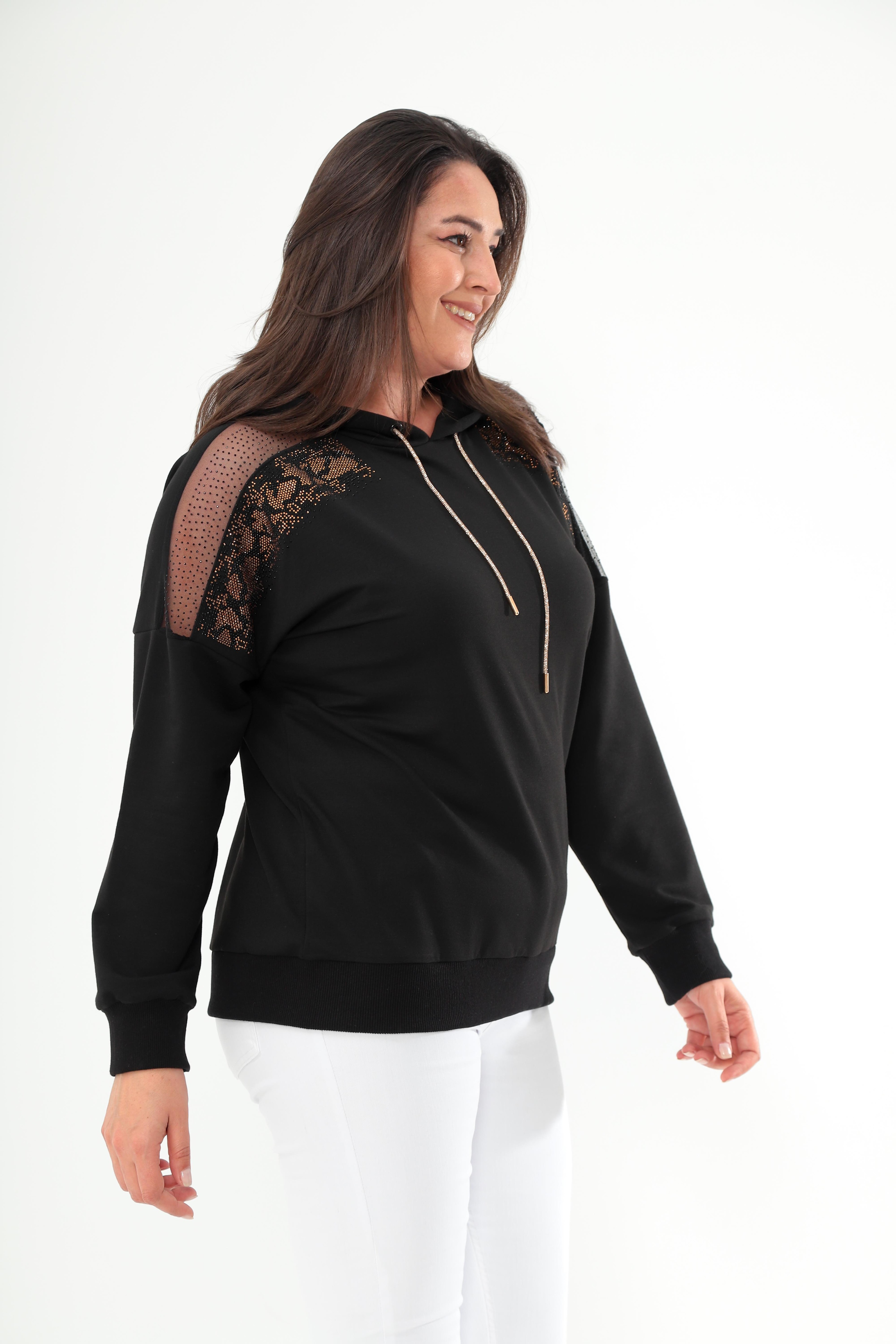 Kadın.Büyük Beden Siyah Kapüşonlu Taş ve Tül Detaylı Kadın Sweatshirt