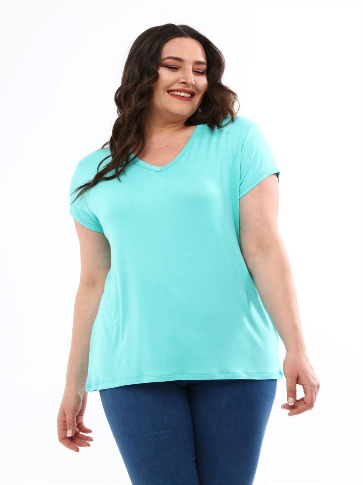 Kadın Büyük Beden V Yaka Basic Kısa Kollu T-Shirt - Mint