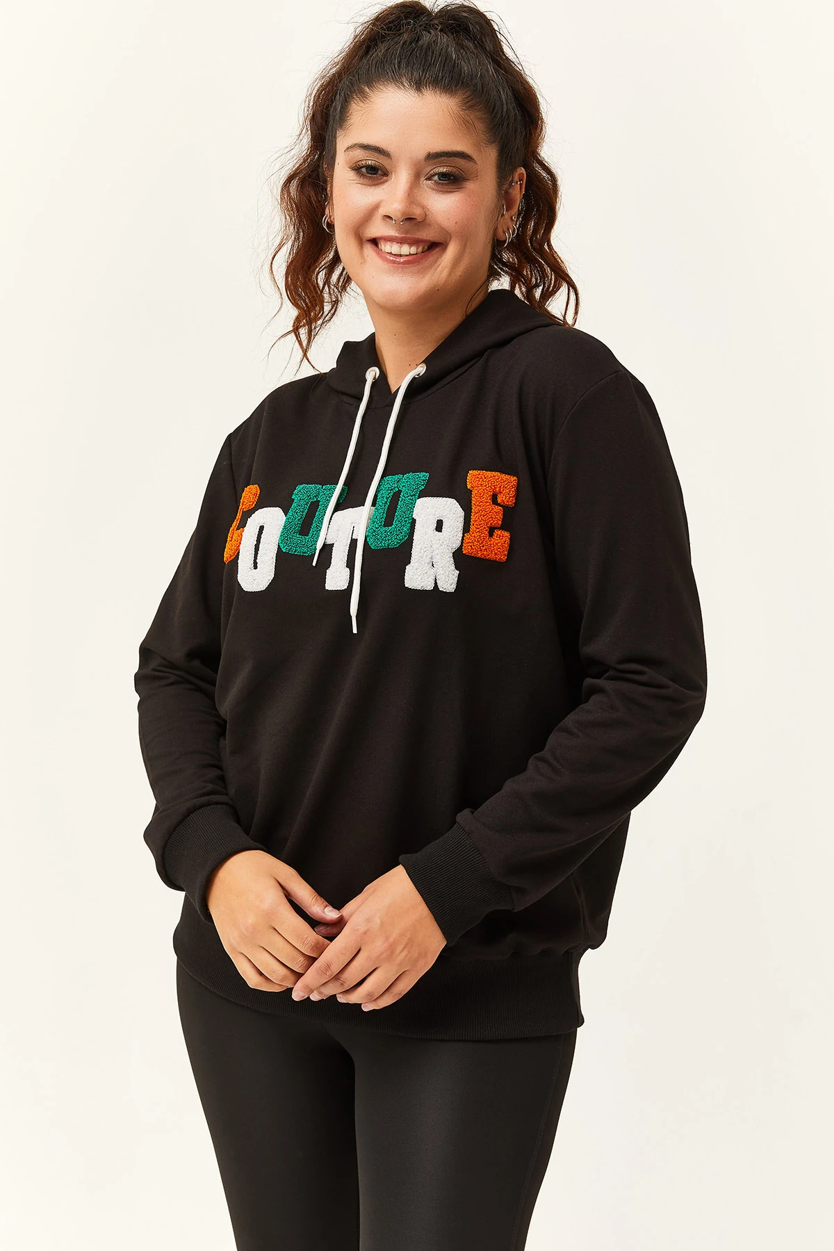 Kadın Büyük Beden Couture Yazılı Sweatshirt - Siyah