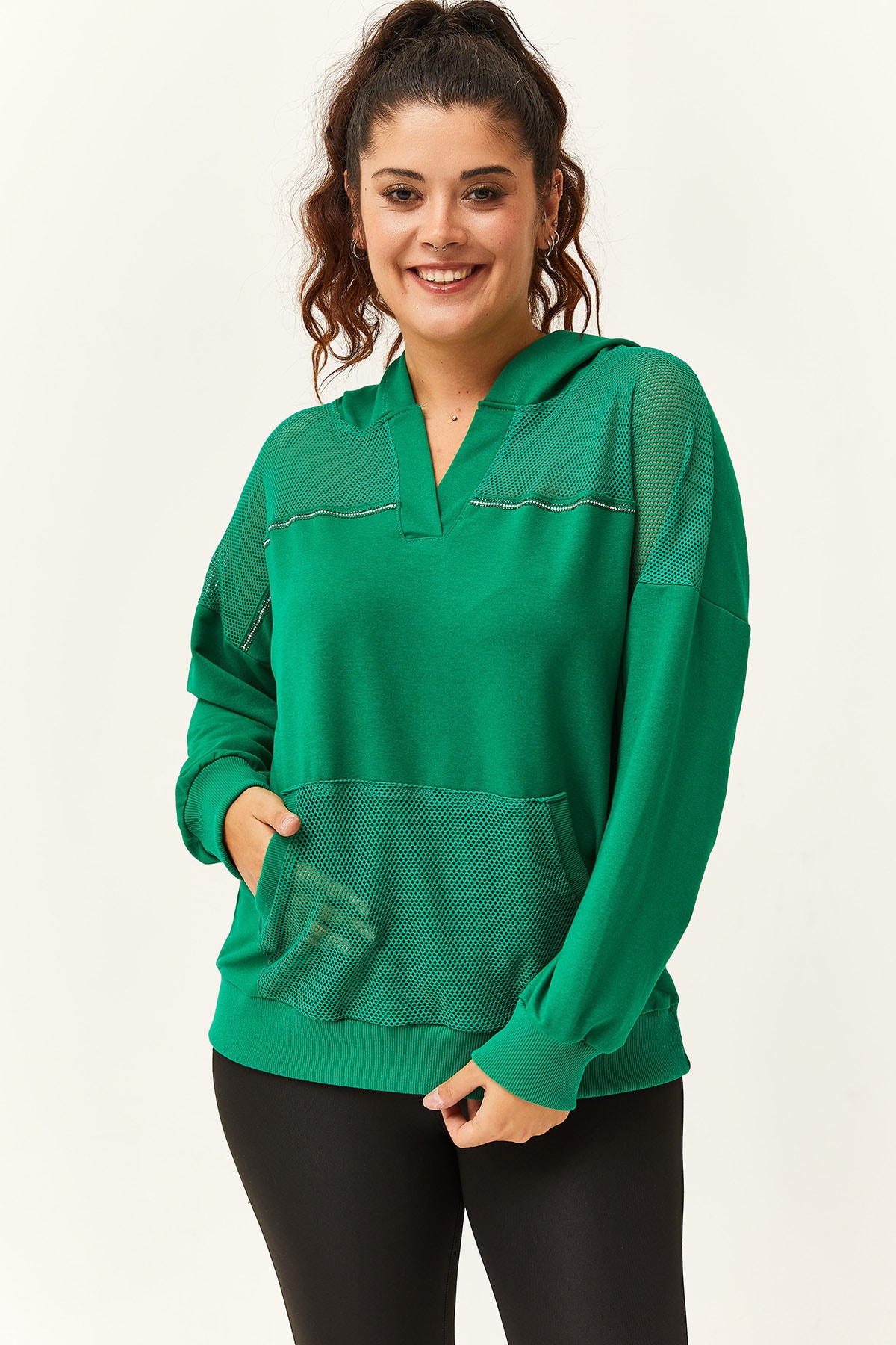 Kadın Büyük Beden File Detaylı Kapüşonlu Sweatshirt - Yeşil