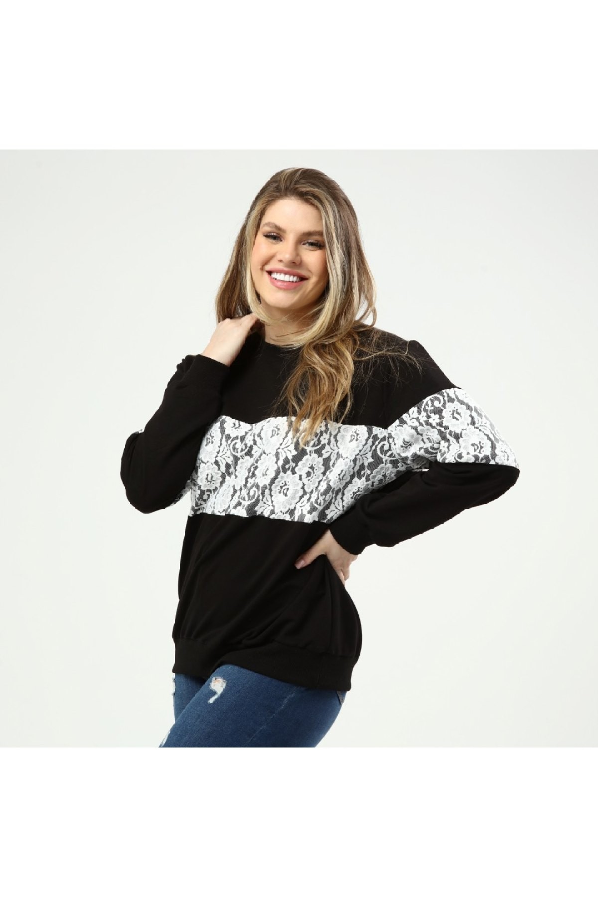 Kadın Büyük Beden Dantel Garnili Sweatshirt