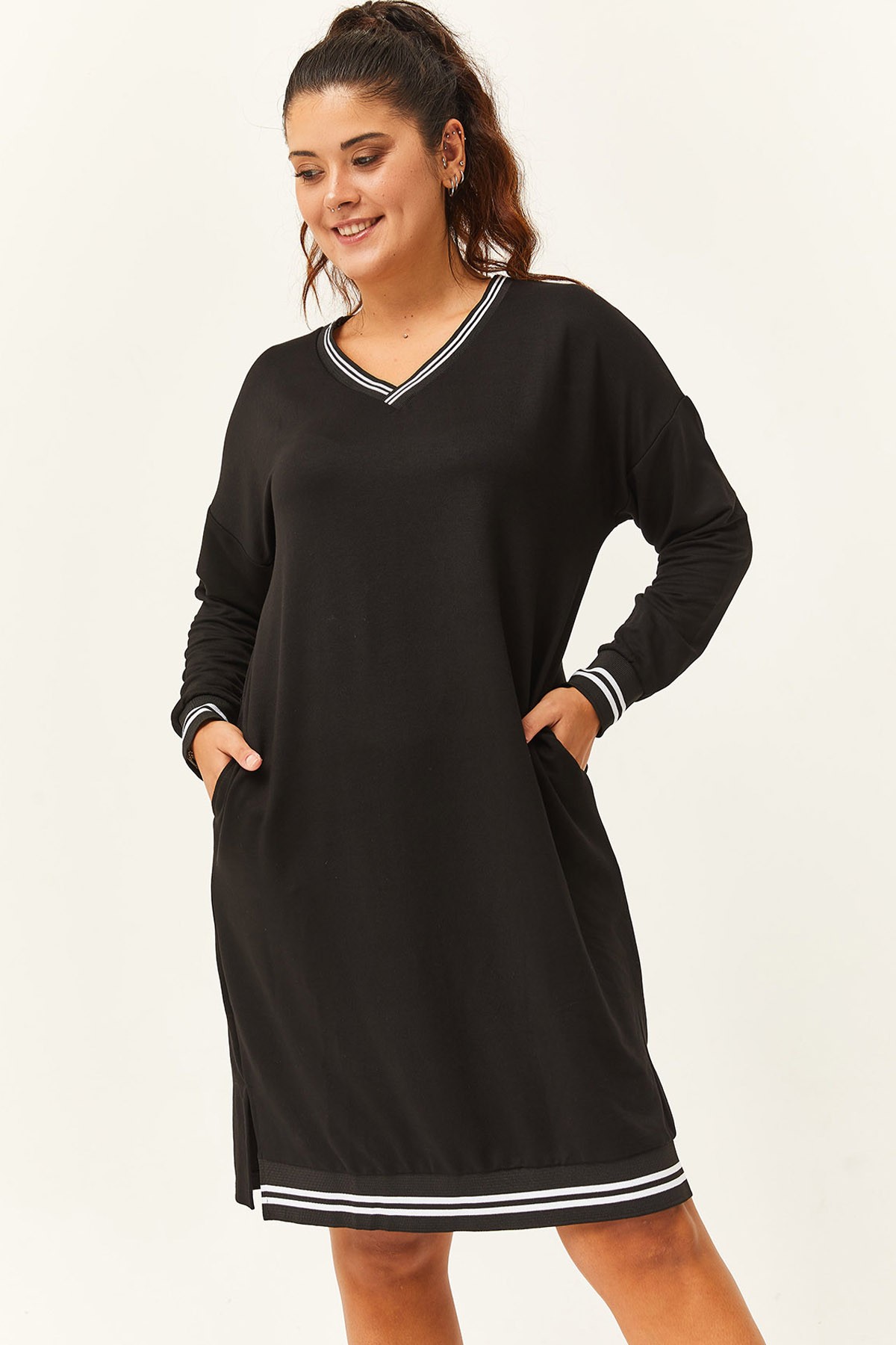 Kadın Büyük Beden Şerit Detaylı Elbise - Siyah