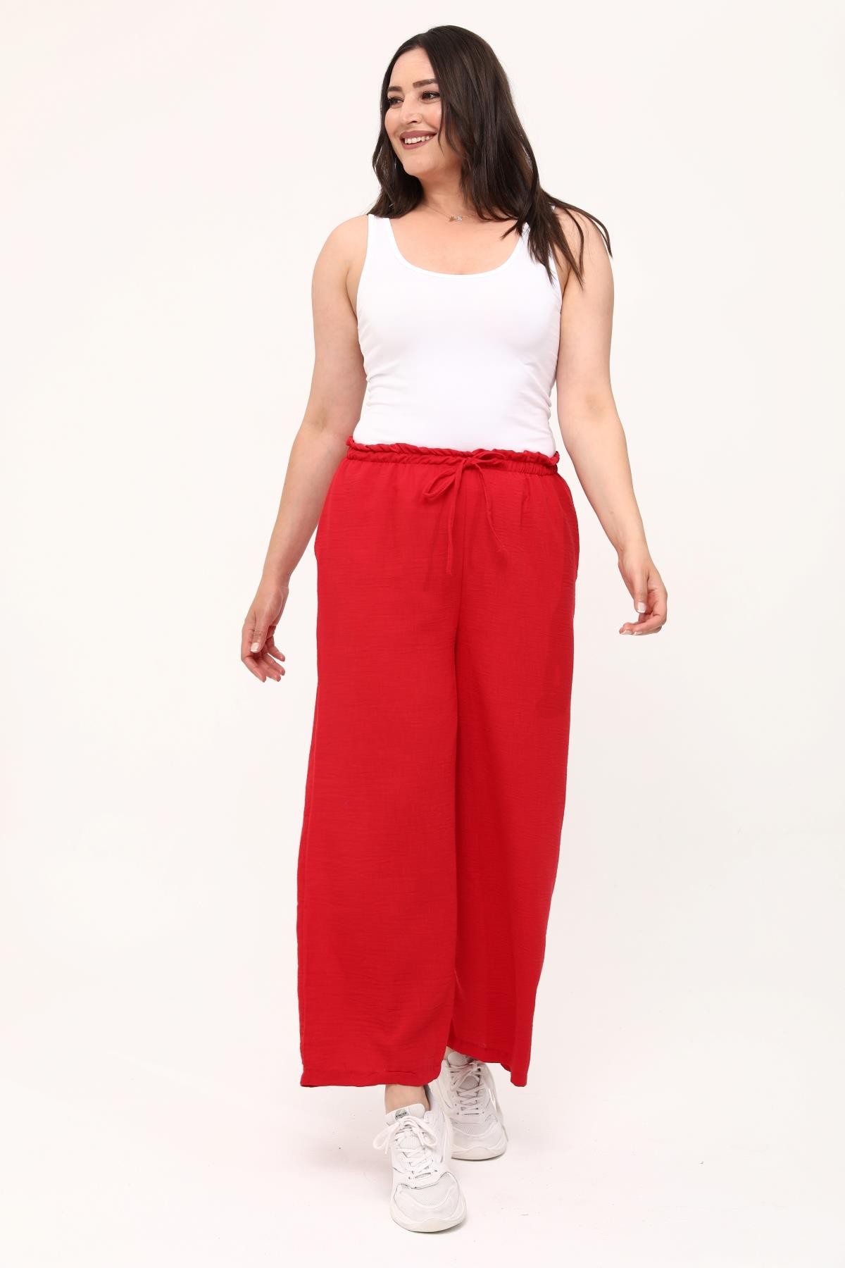Kadın Büyük Beden Bol Paça Ekstra Rahat Pantolon - Kırmızı